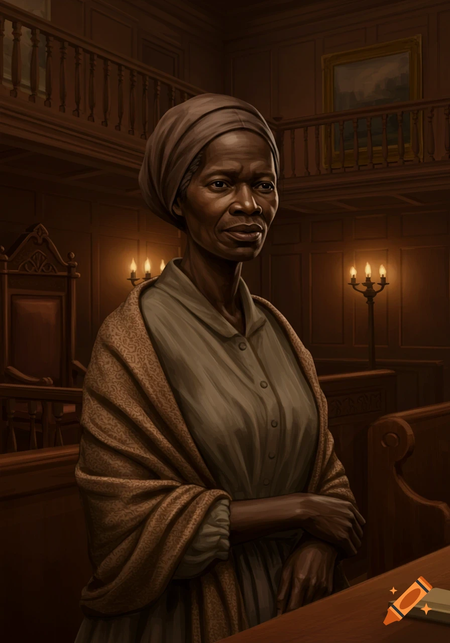 Illustrated portrait of Sojourner Truth, a strong African-American woman, standing in a 19th-century courtroom.
