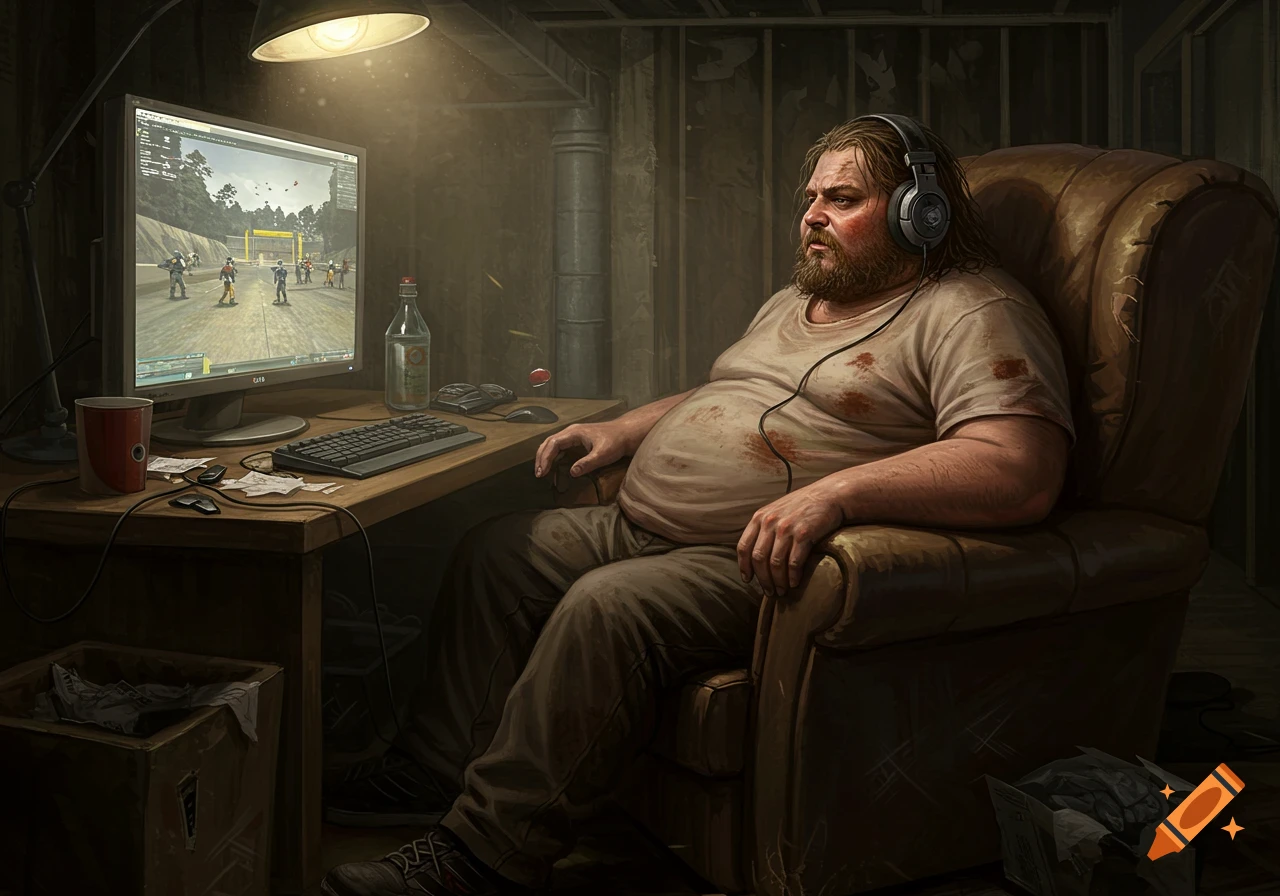 An obese, unkempt man with a beard and headphones sits in a worn armchair in a dirty basement, staring bored at a computer screen displaying a video game.