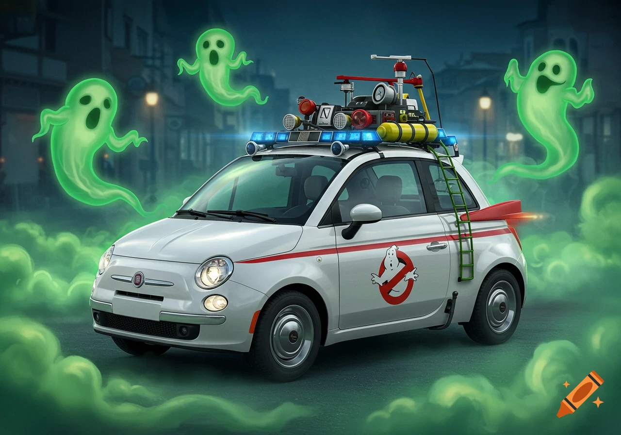 A white Fiat 500 is customized to look like the Ghostbusters Ecto-1 with equipment on its roof. Three green glowing ghosts and green smoke float around the car on a dark street.