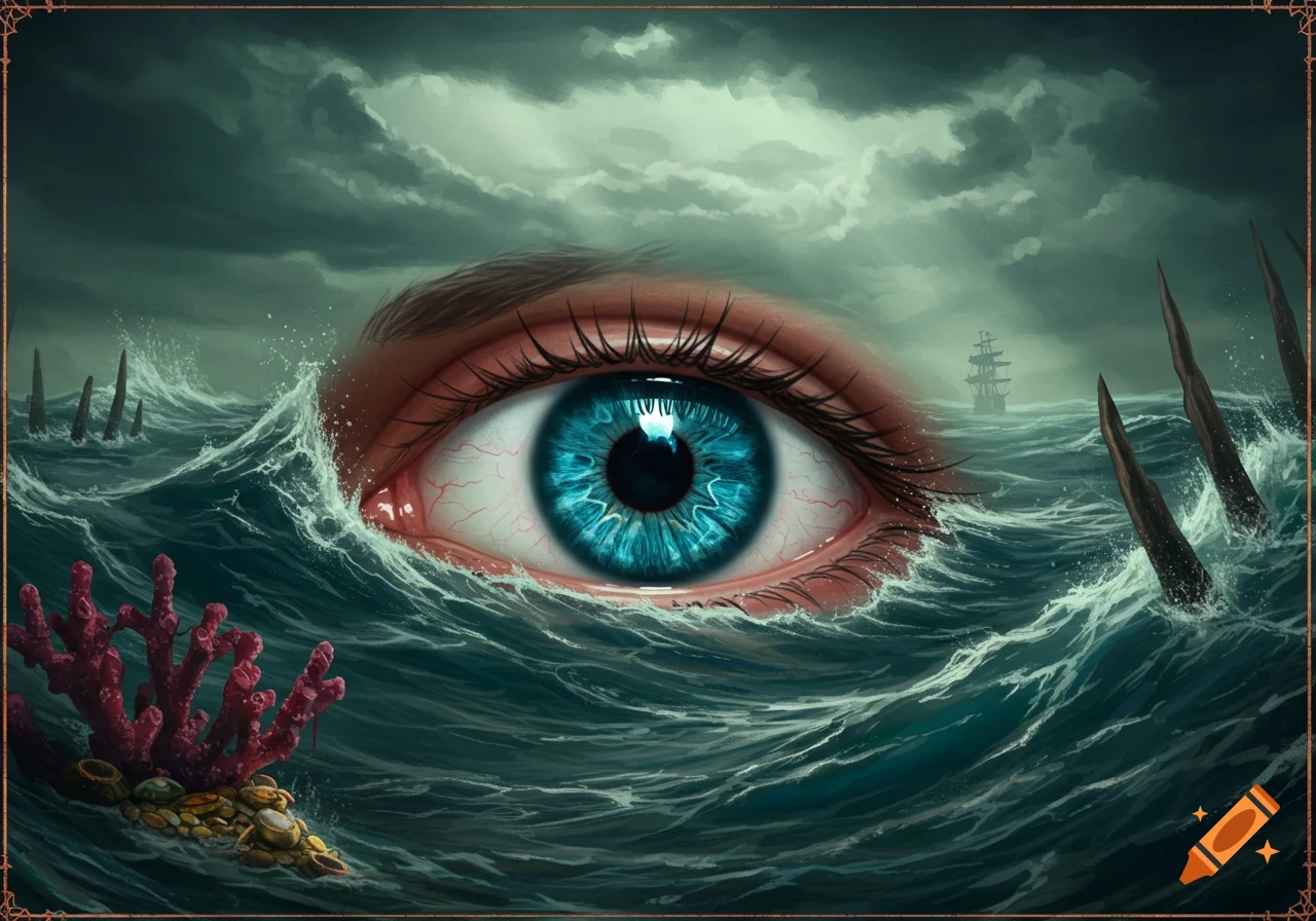 A surreal painting of a giant blue eye rising from stormy ocean waves, with a distant ship and spikes under a dark sky.