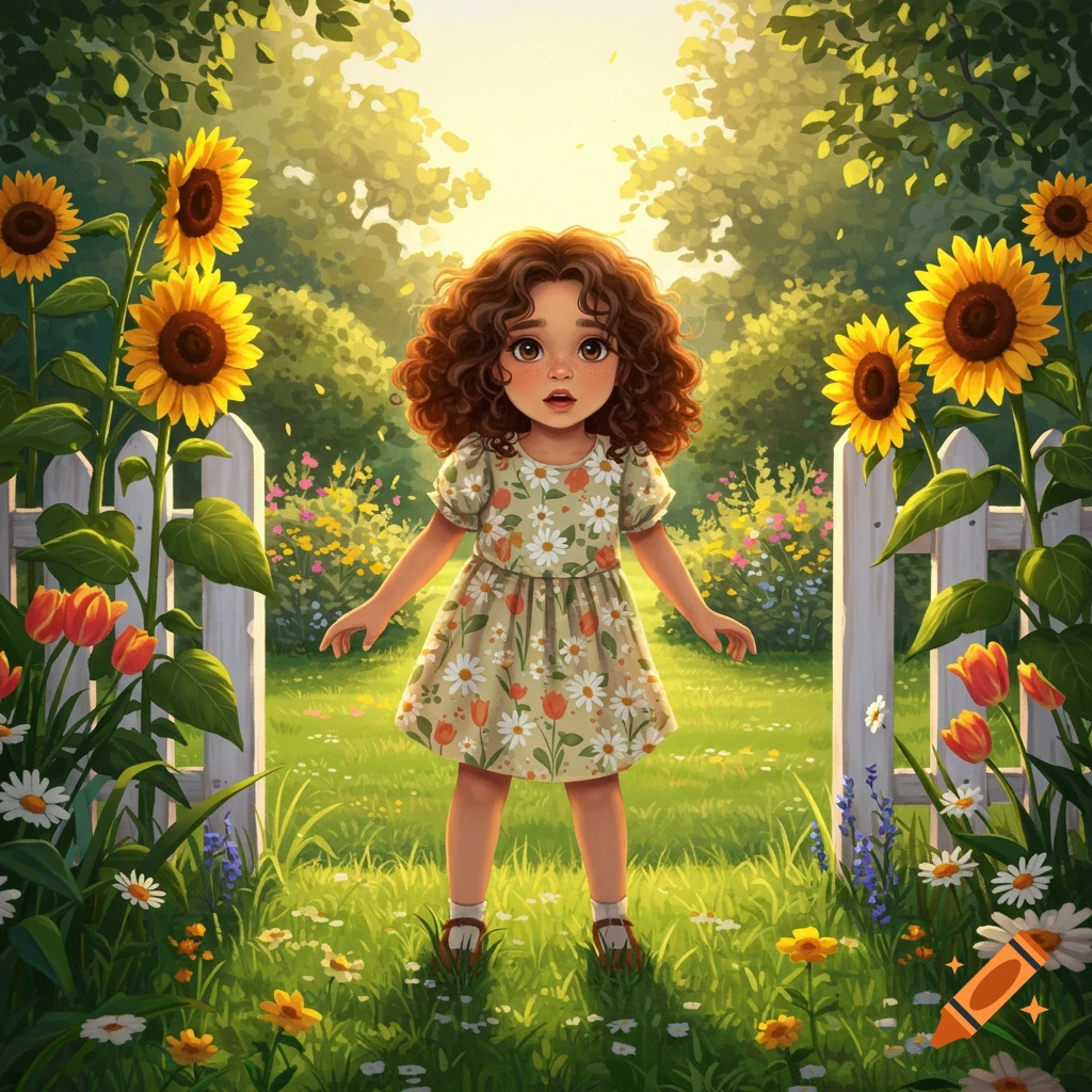 A wide-eyed cartoon girl with curly brown hair stands in a sunny garden with sunflowers and a white picket fence.