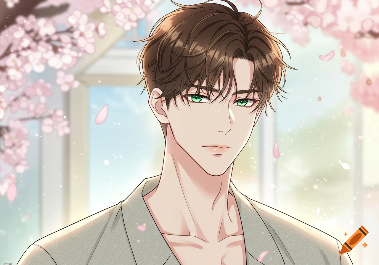 A Korean manhwa style illustration of a young man with brown hair and emerald green eyes, wearing a light gray shirt, standing under cherry blossoms.