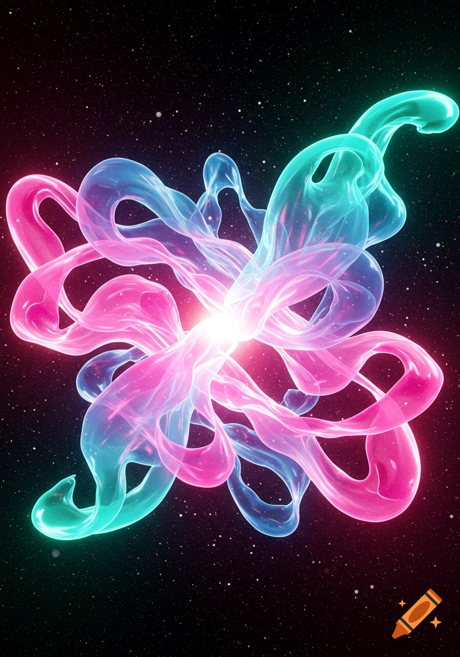 Abstract intertwined glowing pink and turquoise liquid forms against a starry dark background.