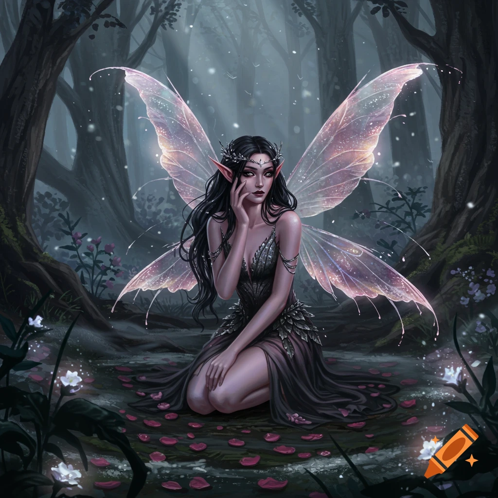 A dark-haired fairy with glowing pink wings kneels in a misty, dark forest with scattered rose petals and glowing flowers.