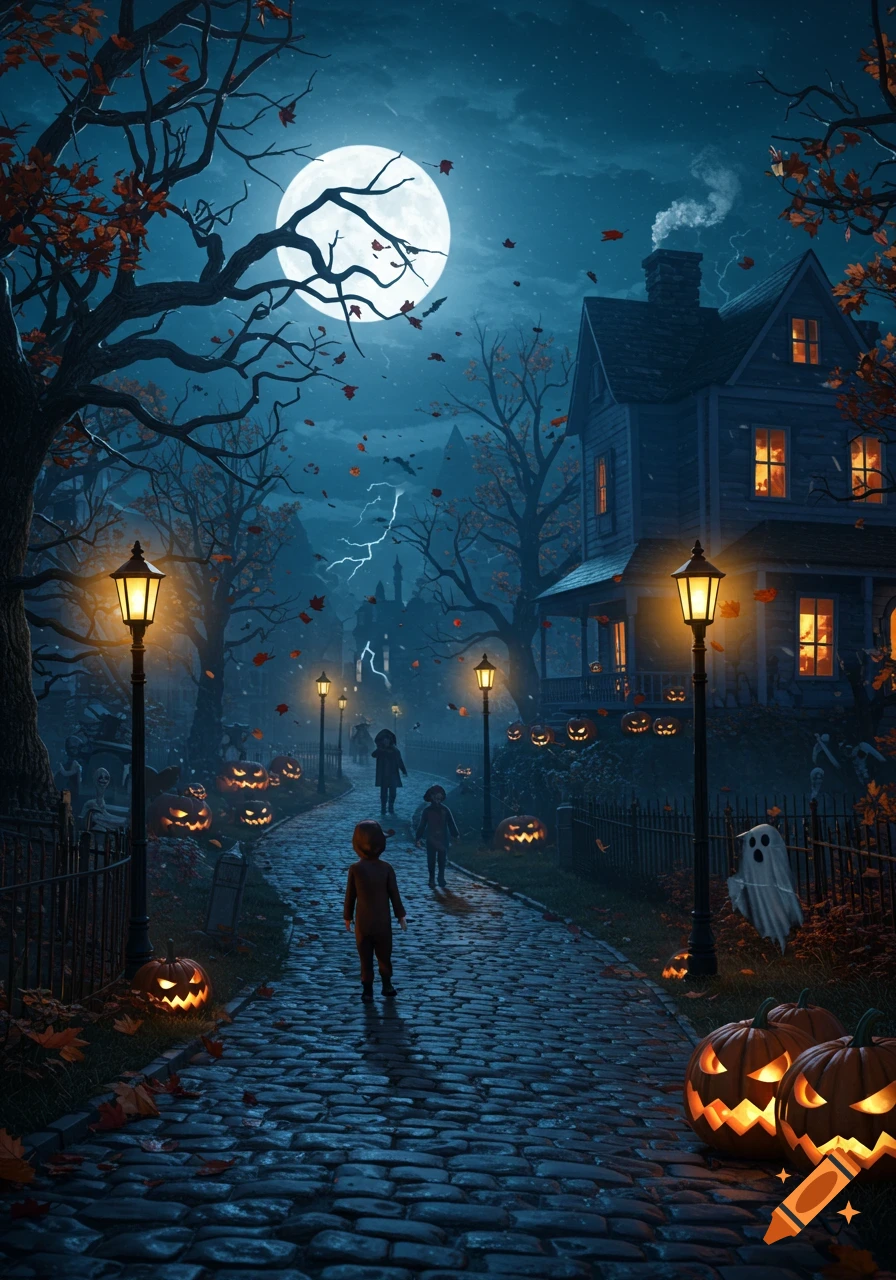 Children trick-or-treating on a cobblestone path lined with glowing jack-o'-lanterns, leading to a haunted house under a full moon on Halloween night.