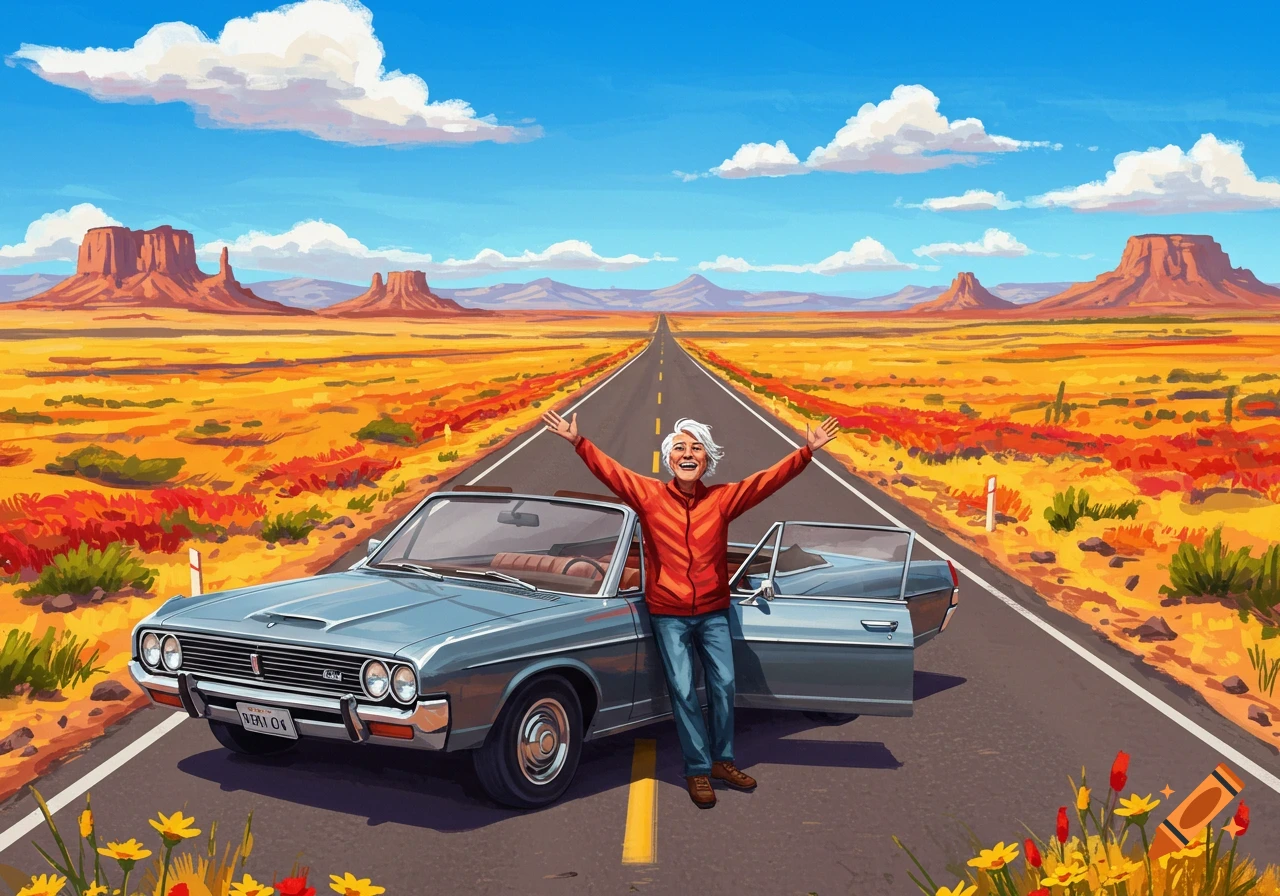 Happy elderly person with arms outspread next to a classic convertible car on a long desert road under a blue sky, stylized illustration.