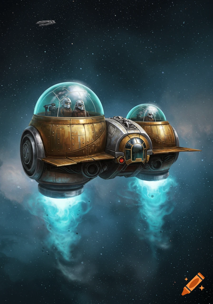 A steampunk-style spaceship with two glass cockpits and two astronauts flies through a starry night sky with blue exhaust.