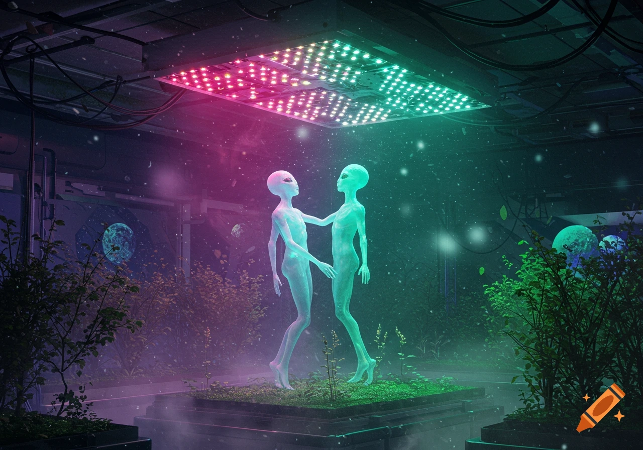 Two translucent grey aliens stand under a large pink and green LED grow light in a futuristic botanical room with planets visible outside.