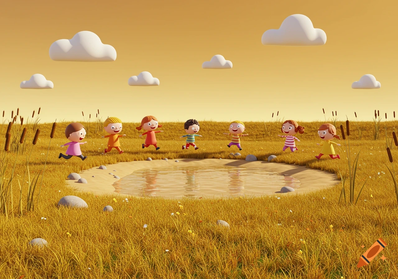 Six cartoon kids run around a sandy pond in a golden grassland under a sky with white clouds.