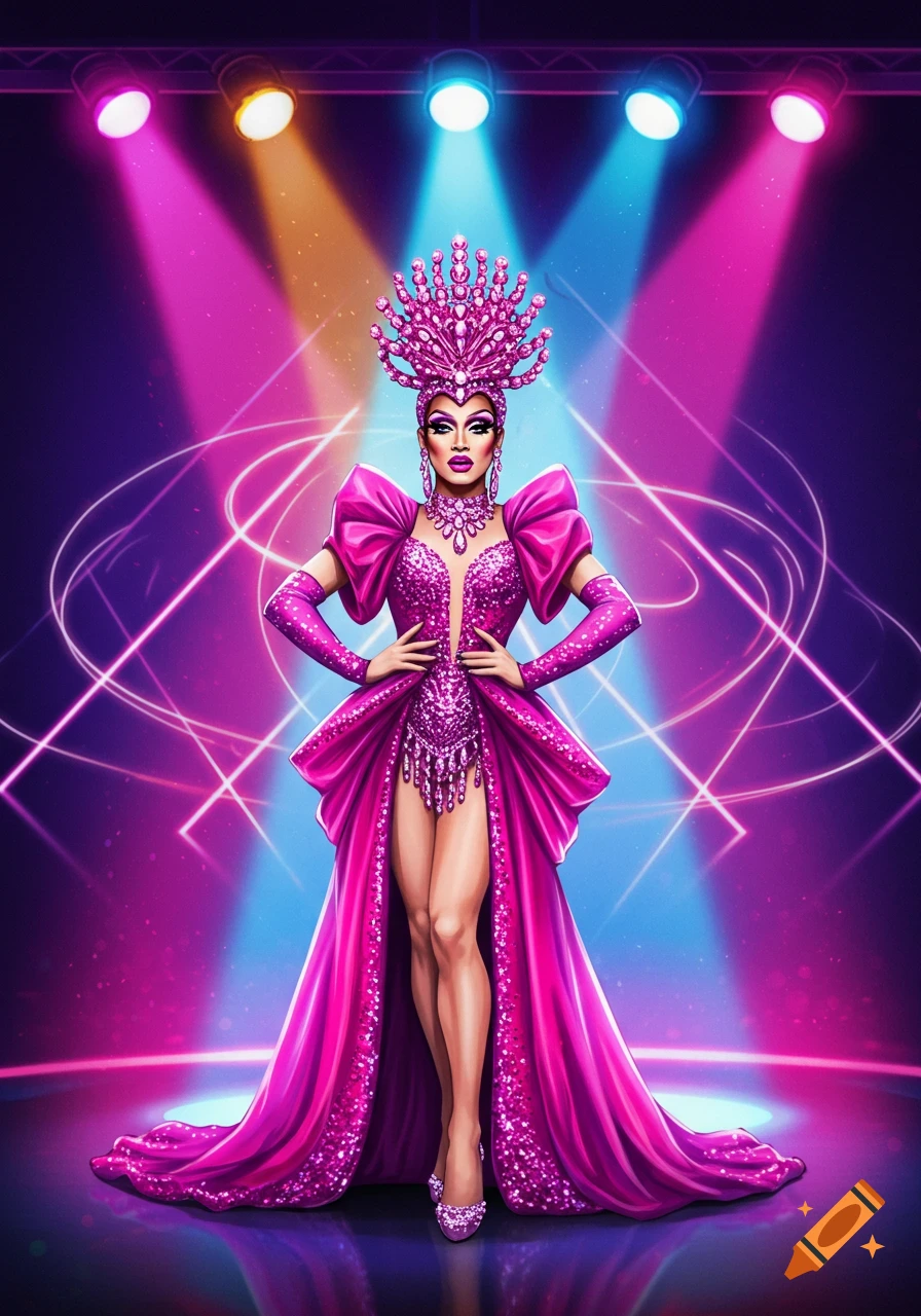 A glamorous drag queen in a shimmering pink gown and large headdress poses on a stage with vibrant lighting.