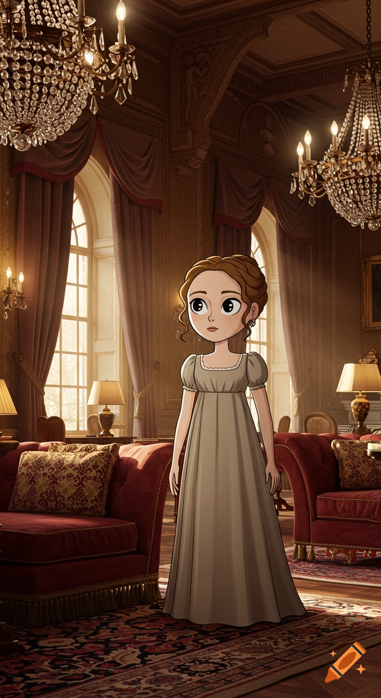 A young woman in a historical-style dress stands in a grand, luxurious English mansion living room, in a cartoon style.