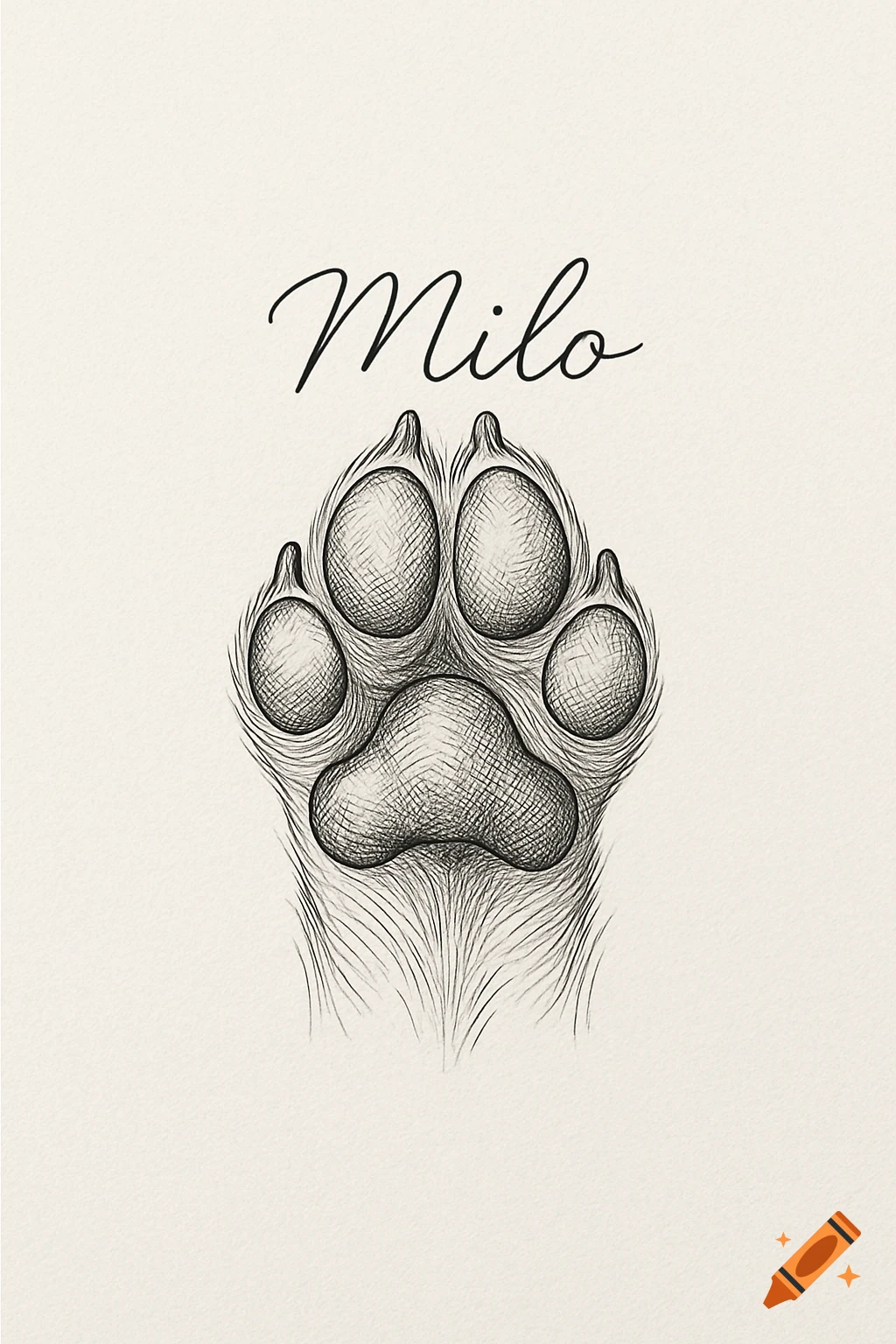 Fine line sketch of a dog paw print with the name 'Milo' written in script above it, on a textured paper background.