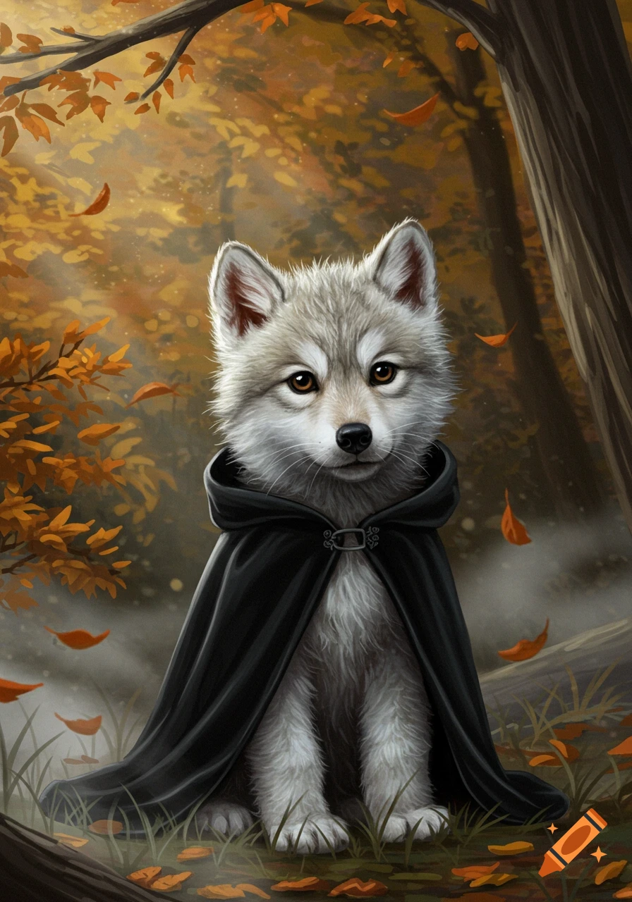 An adorable grey wolf cub wearing a black cloak sits in a golden autumn forest, digital art.