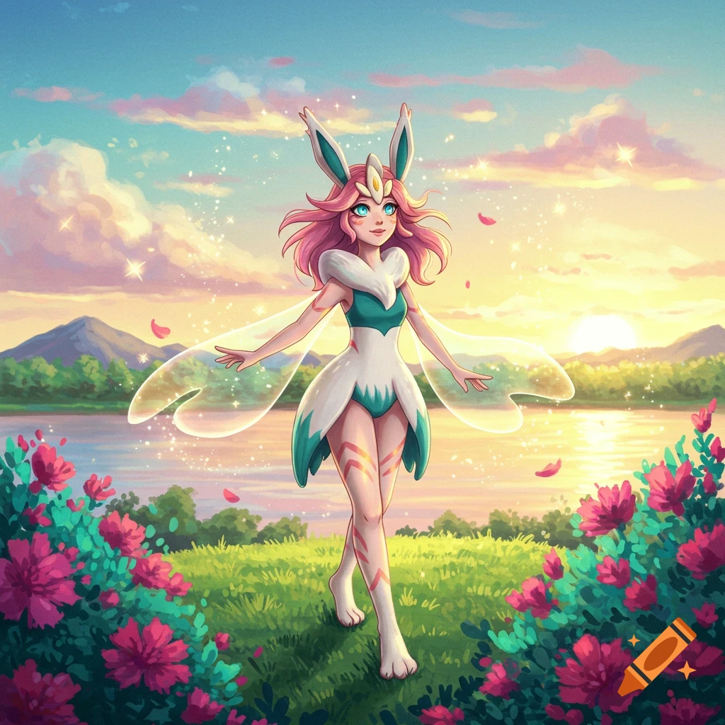 A vibrant anime-style fantasy character with pink hair, bunny ears, and translucent wings walks through a flowery field by a lake at sunset.