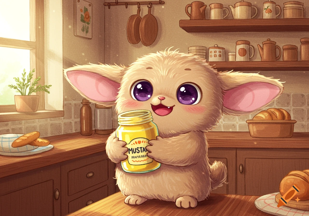 A cute, furry, big-eared creature with large purple eyes happily holds a mustard jar in a warm, sunny kitchen, rendered in a digital art style.
