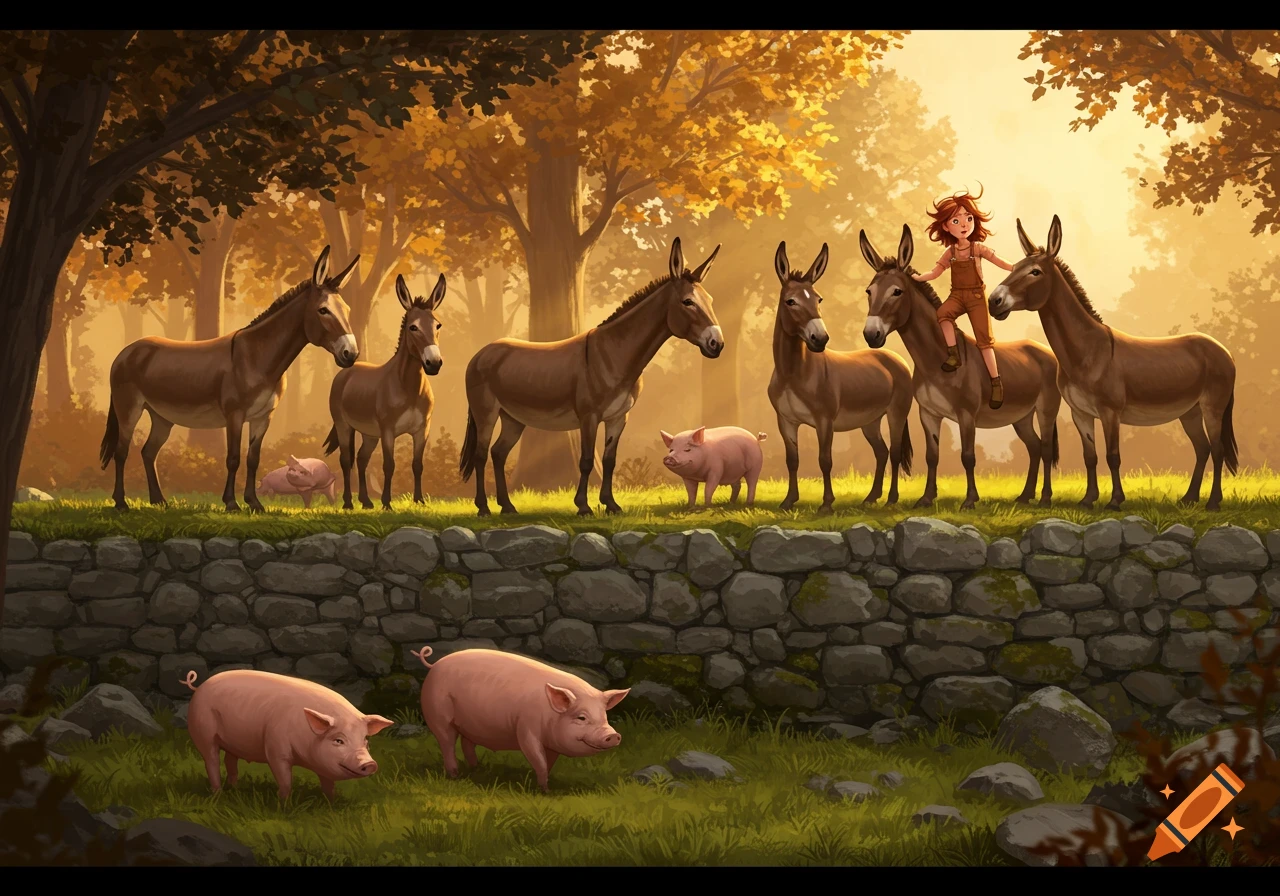 A stylized illustration shows a girl riding one of seven brown donkeys standing on a stone wall in an autumn forest. Below the wall, two pink pigs graze in the grass, with three smaller pigs near the donkeys.