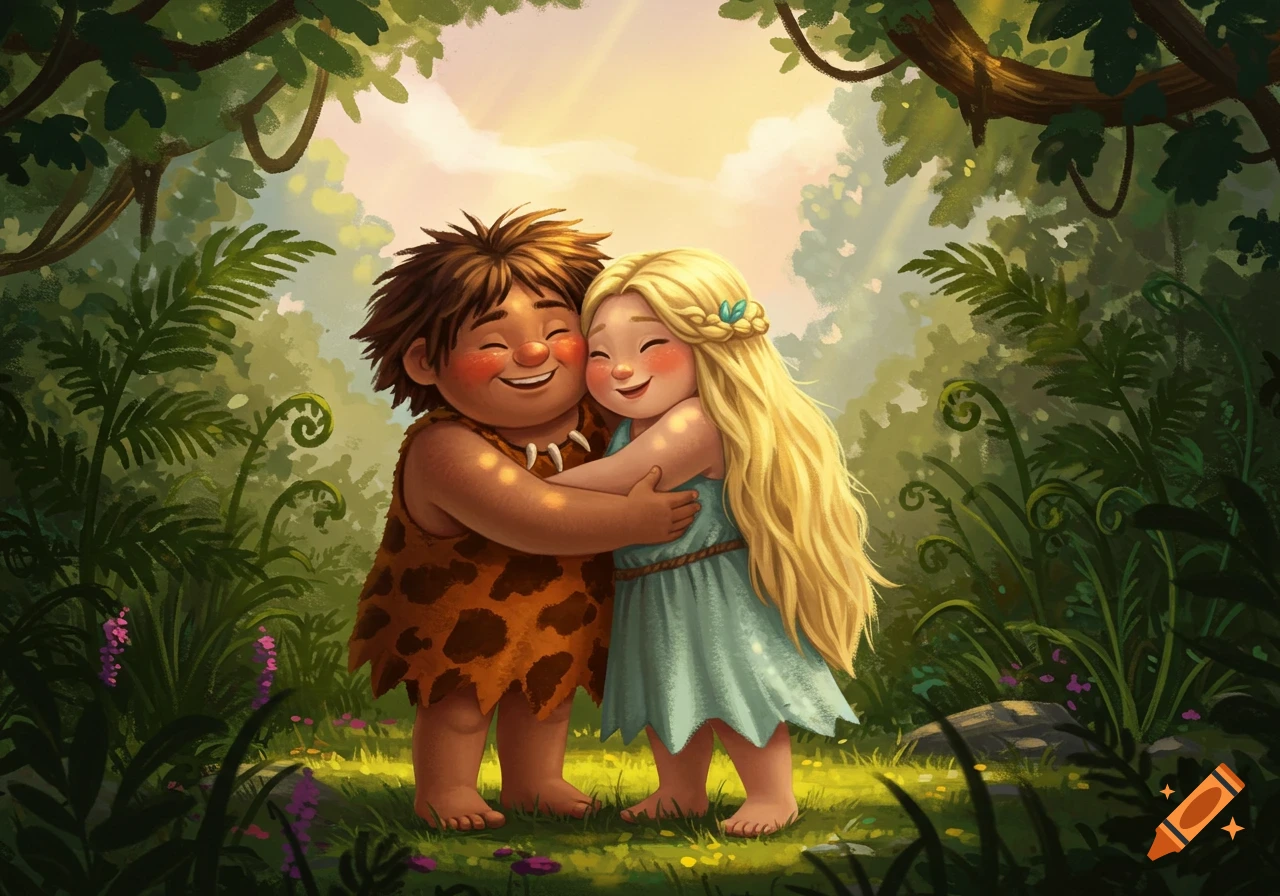 A cute cartoon caveman boy and a blonde girl with braids hug in a vibrant jungle setting with sunlight filtering through leaves.