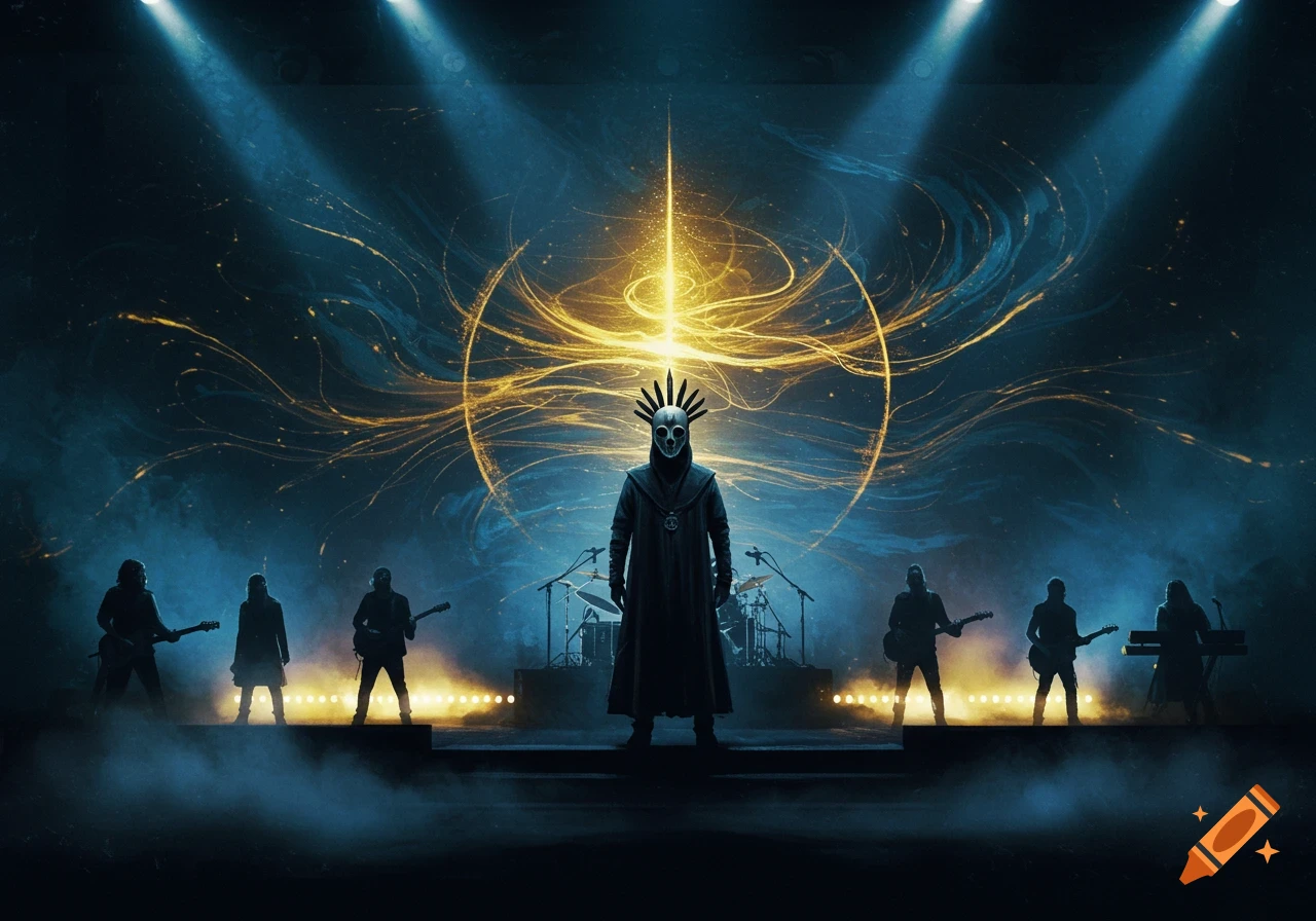 A masked band performs on a dark stage, illuminated by spotlights and golden glowing energy, with silhouetted musicians.