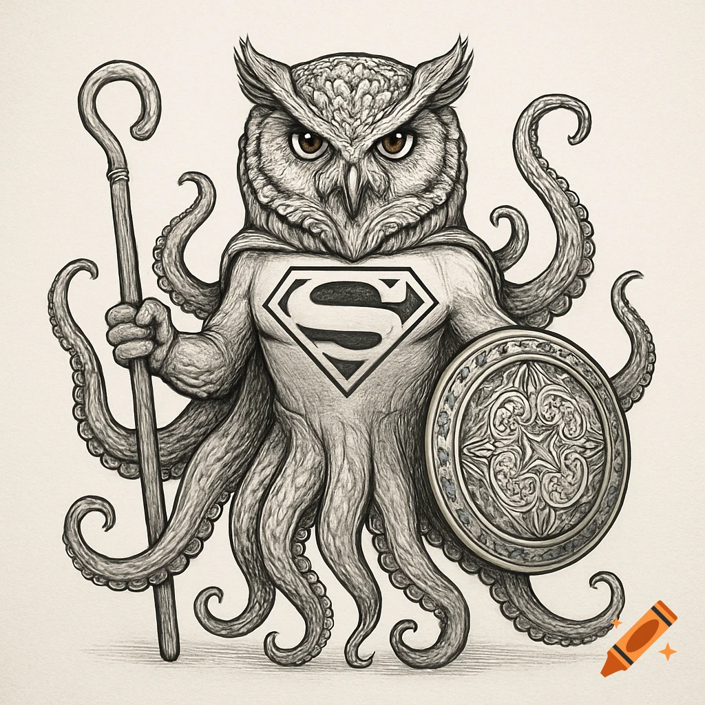Detailed sketch of an owl-headed, octopus-bodied superhero holding a staff and shield, wearing a cape and Superman logo.
