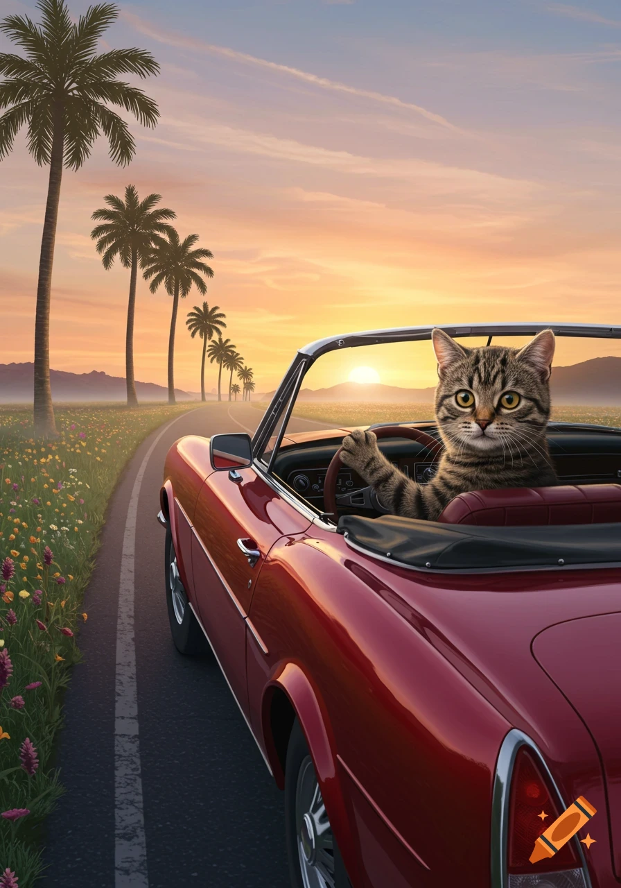 A tabby cat drives a red convertible down a road lined with palm trees and flowers at sunset.