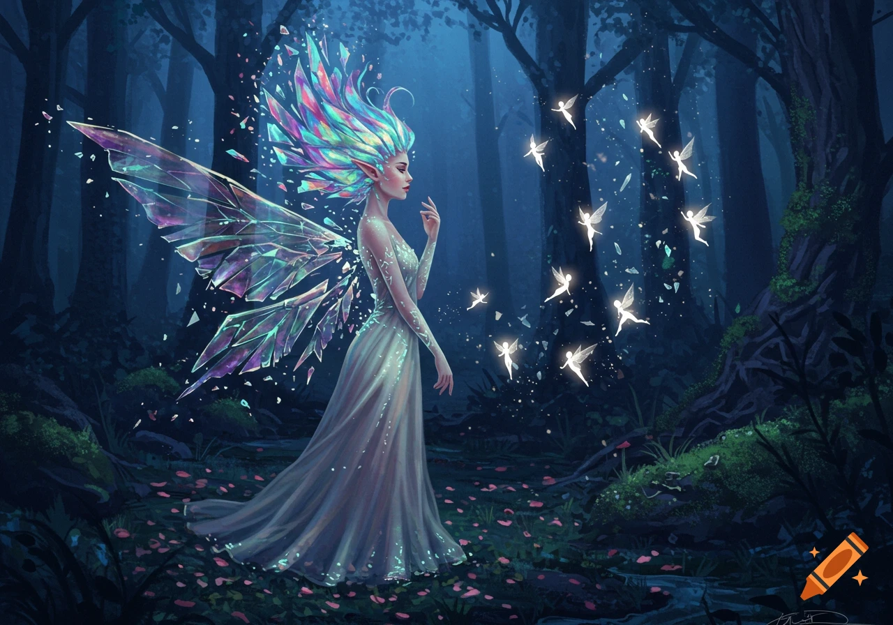A vibrant fairy with shattered crystal wings and multicolored hair stands in a dark, magical forest surrounded by glowing sprites, digital art.