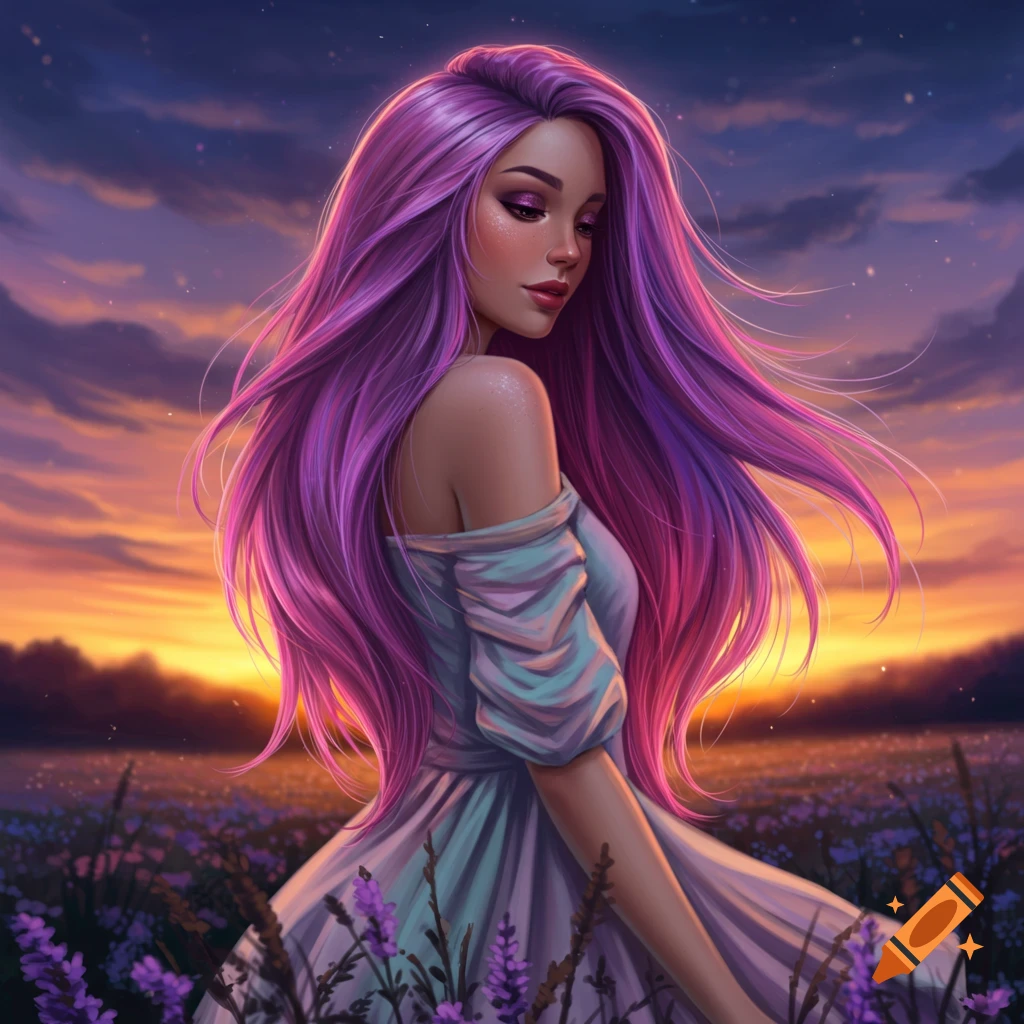 A woman with long flowing purple hair in a field of lavender at sunset, depicted in a digital art style.