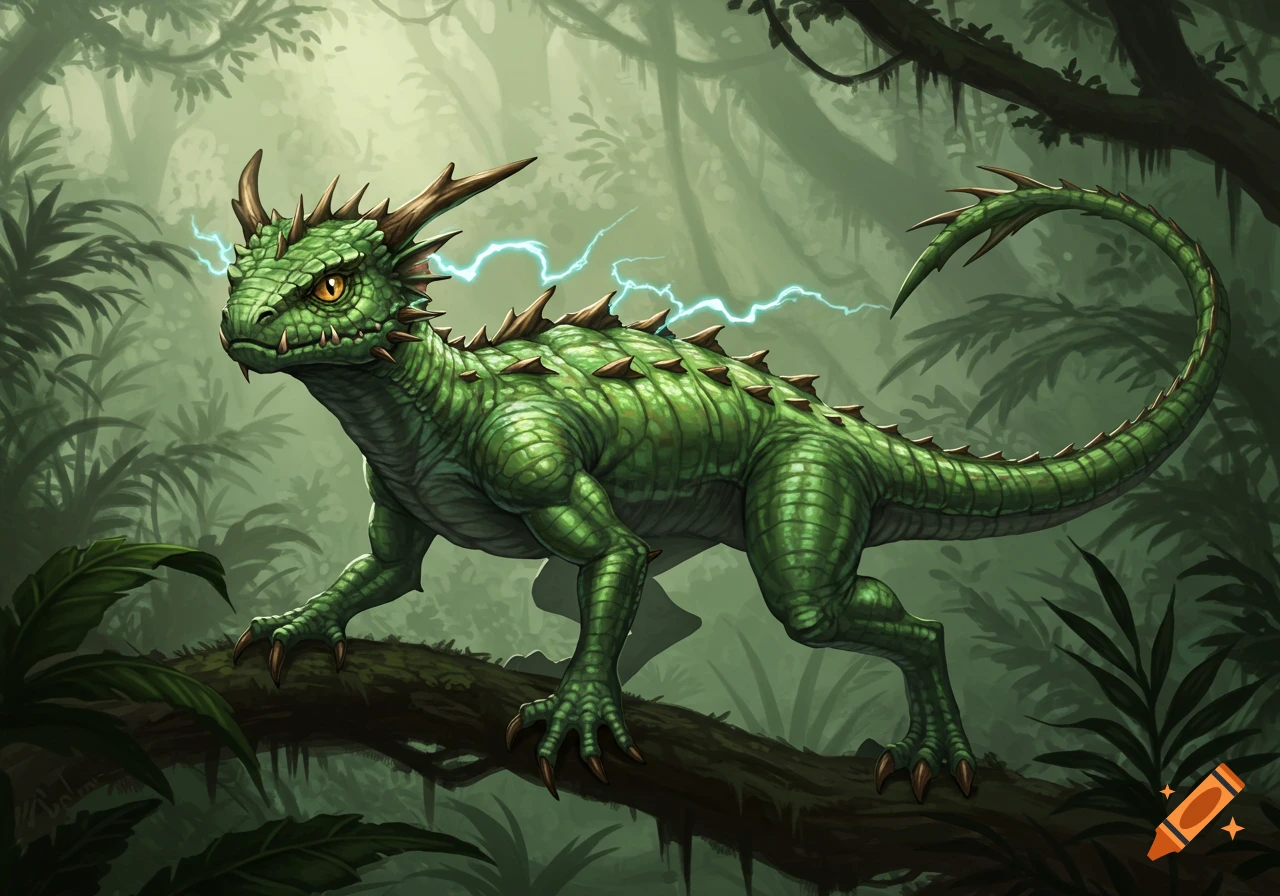 A vibrant green, spiky, horned fantasy creature with lightning sparks around its head, perches on a tree branch in a dense rainforest.