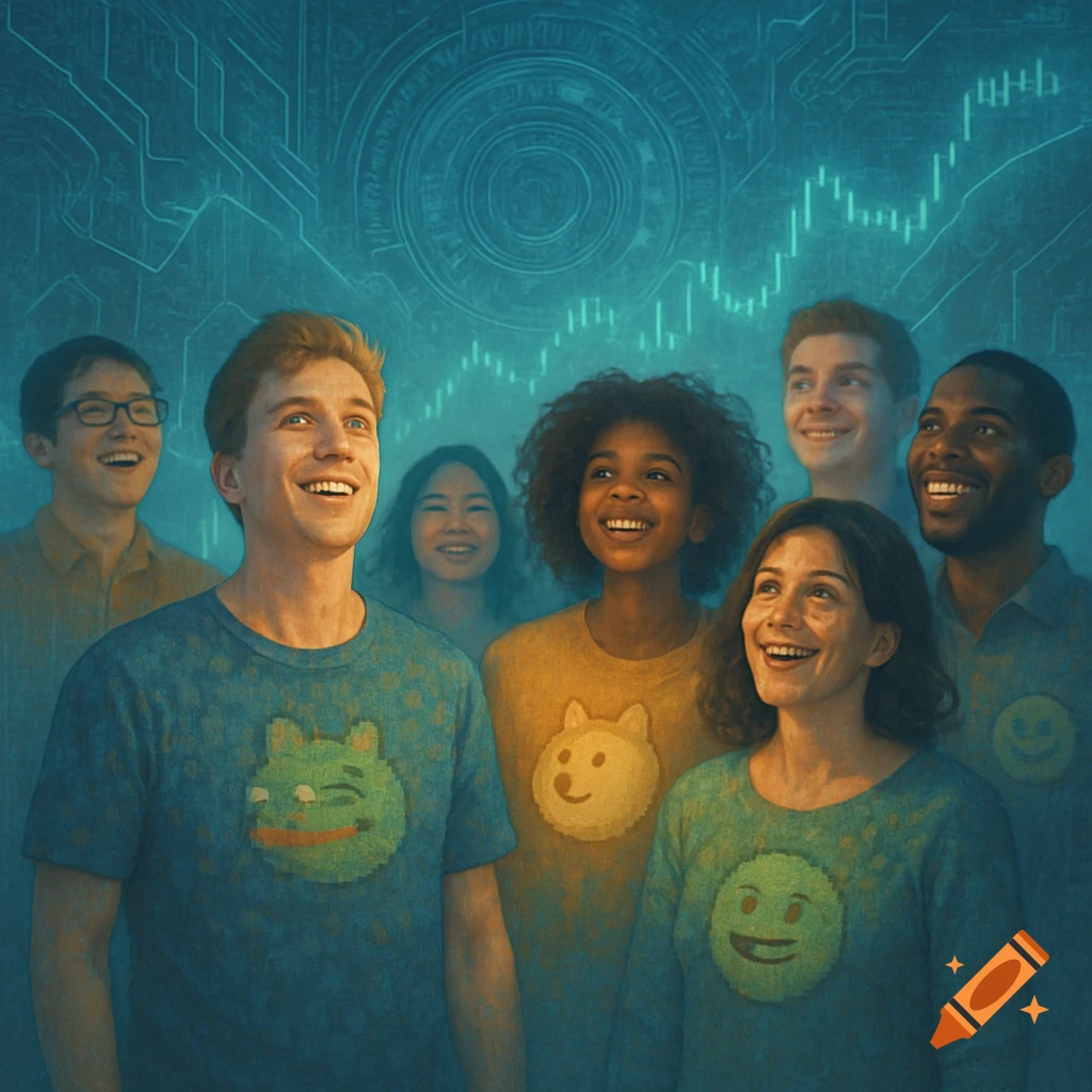 A diverse group of smiling young adults looks up, wearing shirts with pixelated emoji symbols, against a background of digital circuitry and financial charts.