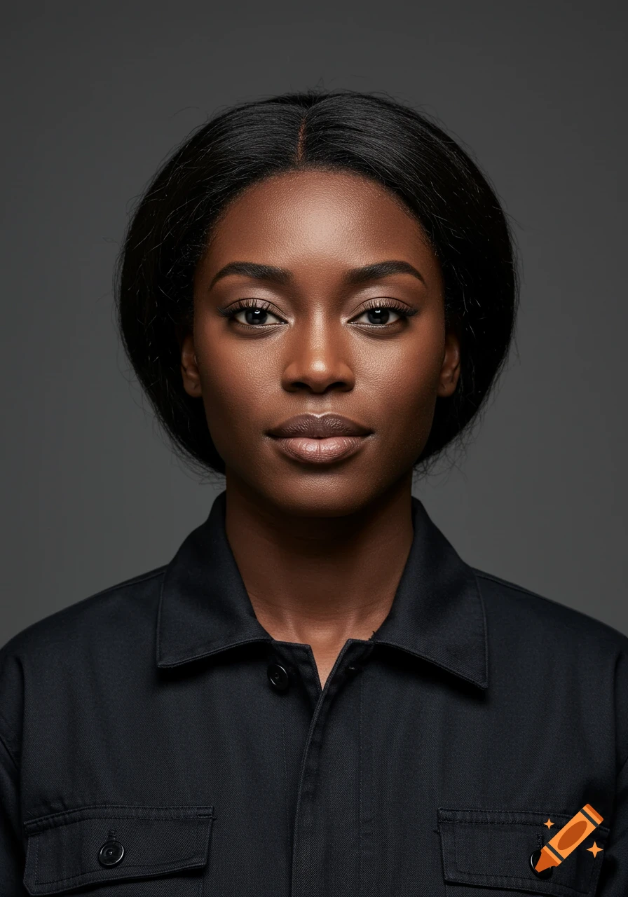 A photorealistic portrait of a woman with dark skin and dark hair, wearing a black collared shirt, looking straight ahead.