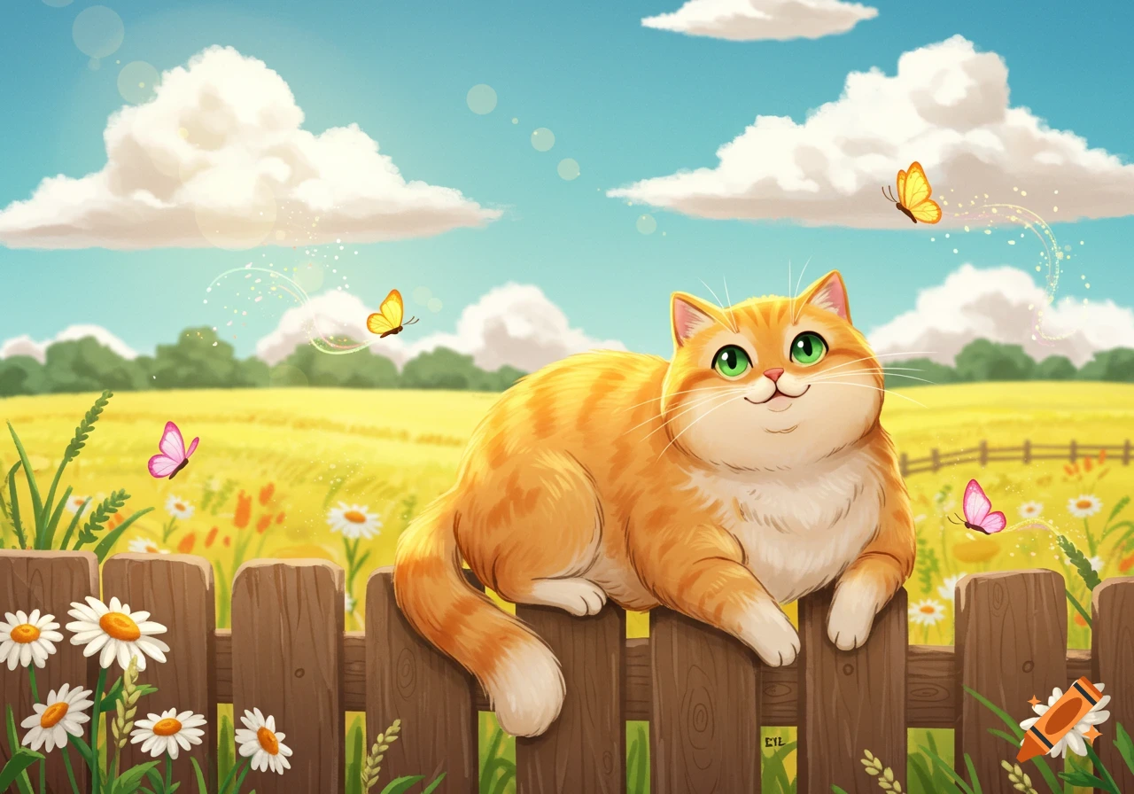 A happy, plump orange cartoon cat with green eyes sits on a wooden fence in a sunny, flower-filled field with butterflies.