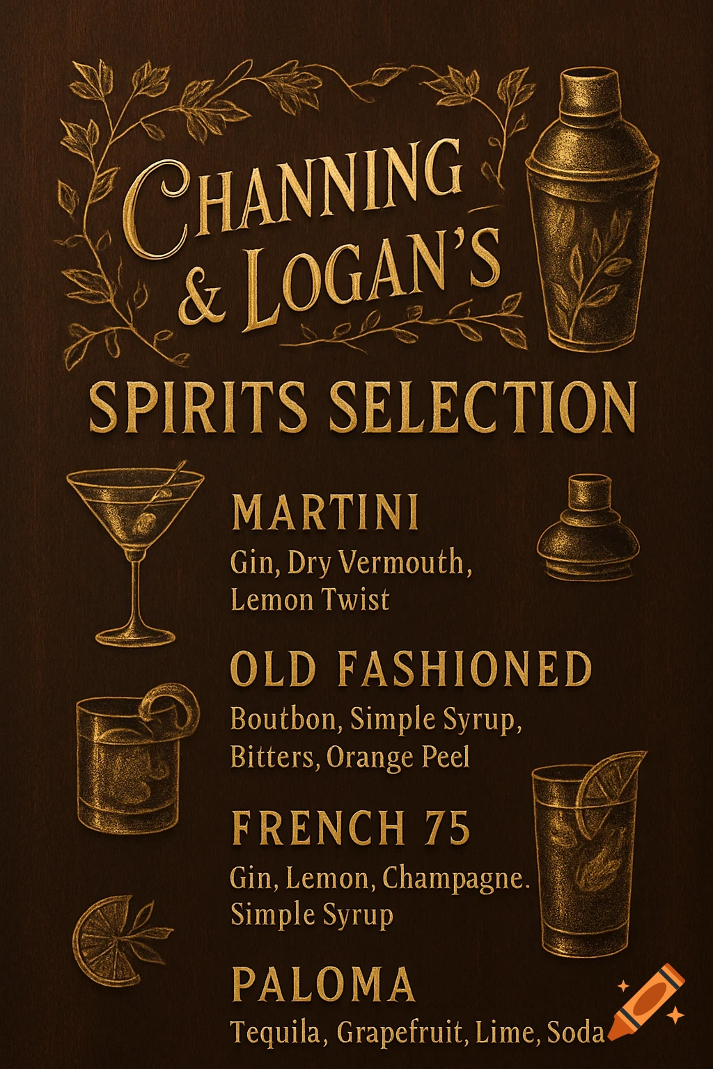 A stylized golden bar menu on a dark brown textured background, listing cocktails like Martini, Old Fashioned, French 75, and Paloma, with drink illustrations.