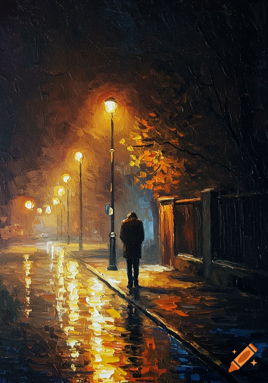 Oil painting of a lonely person walking away under streetlights on a wet, dark street at night.