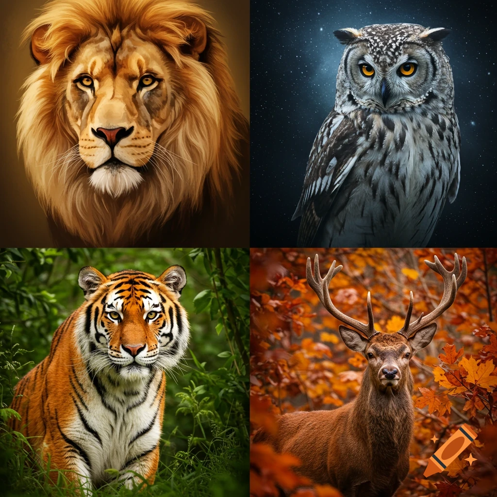 A four-panel grid featuring photorealistic portraits of a lion, an owl, a tiger, and a deer.