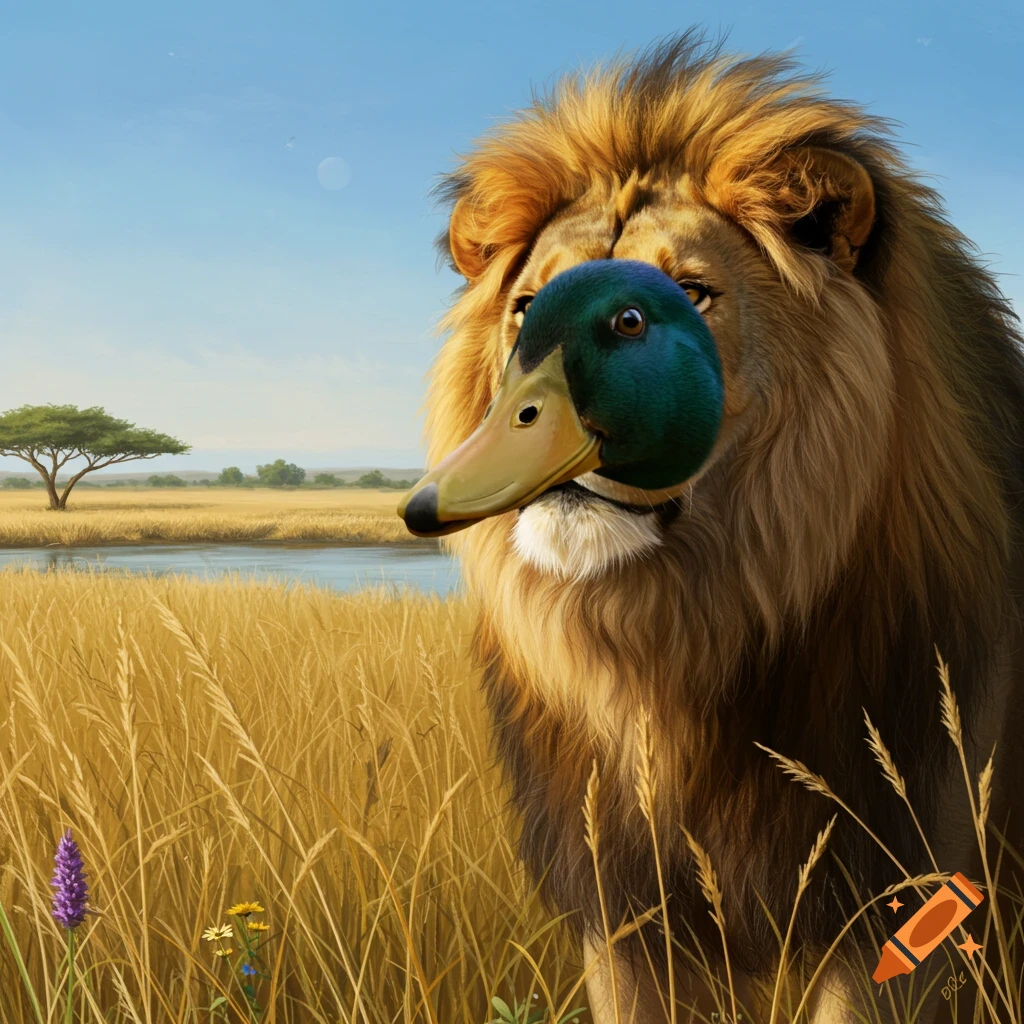 A photorealistic image of a lion's head with a duck's head for a face, standing in a golden savanna landscape with a river and a lone acacia tree under a blue sky.