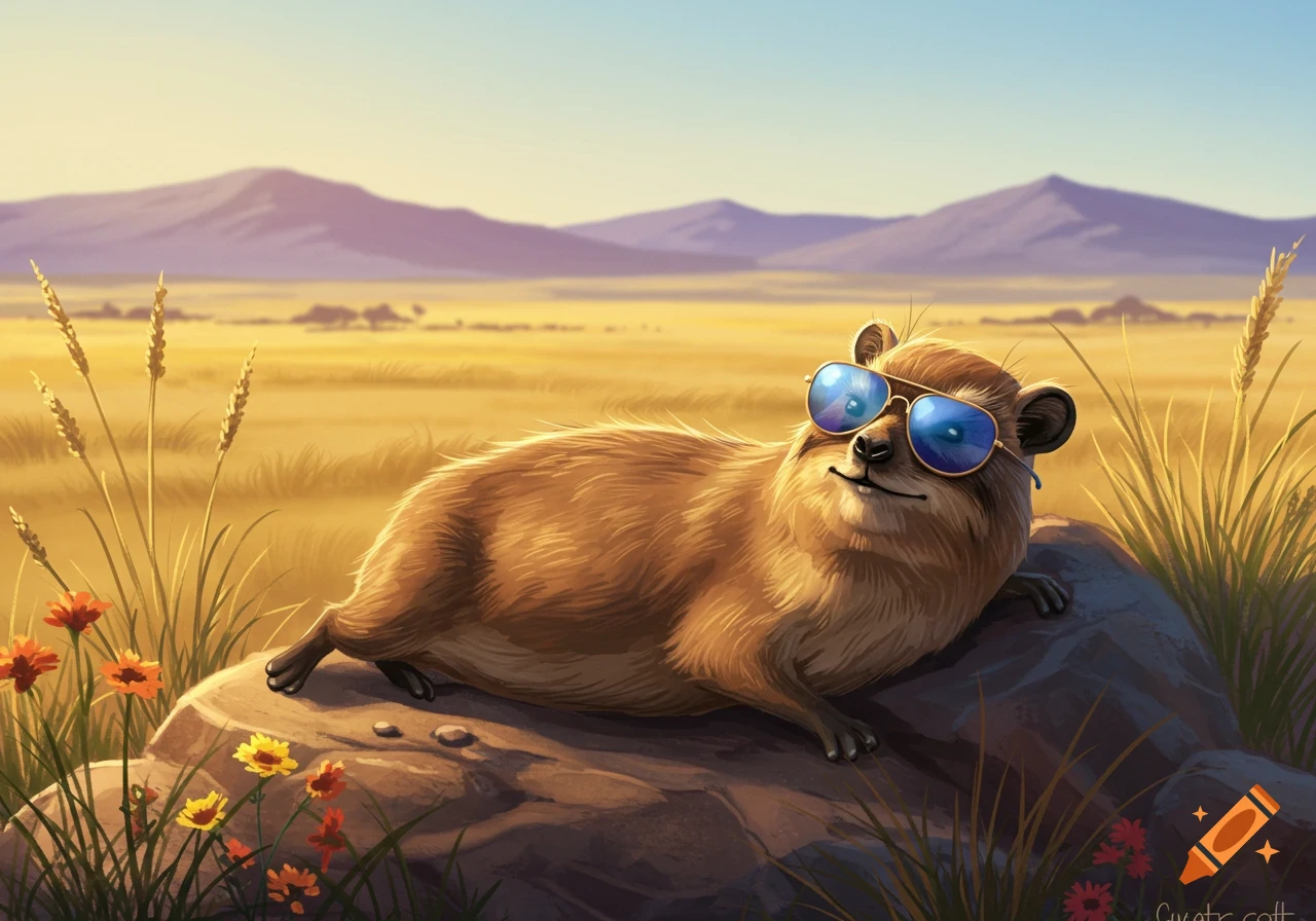 An illustrated hyrax with blue sunglasses lies on a rock in a sunny, golden savanna with distant mountains.