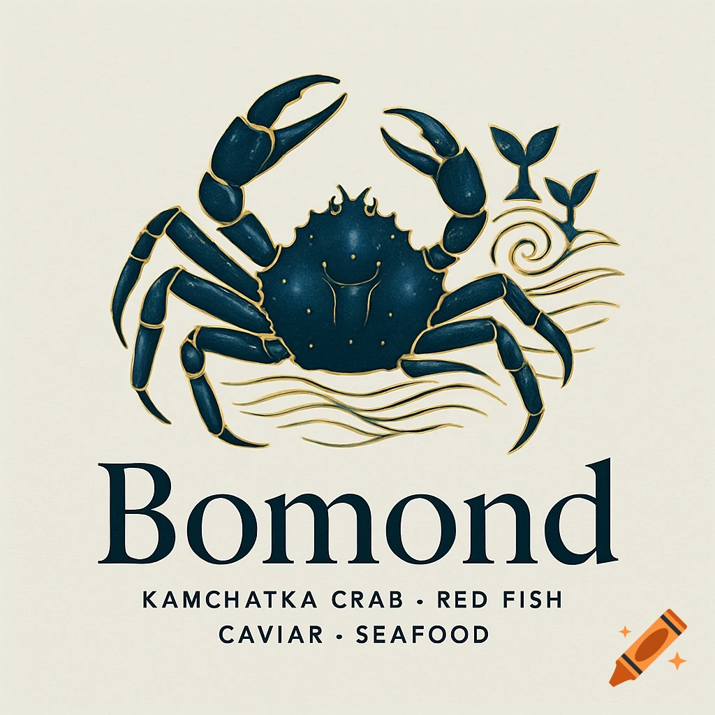Stylized dark blue crab logo with gold accents, above the text 'Bomond', 'Kamchatka Crab', 'Red Fish', 'Caviar', 'Seafood'.