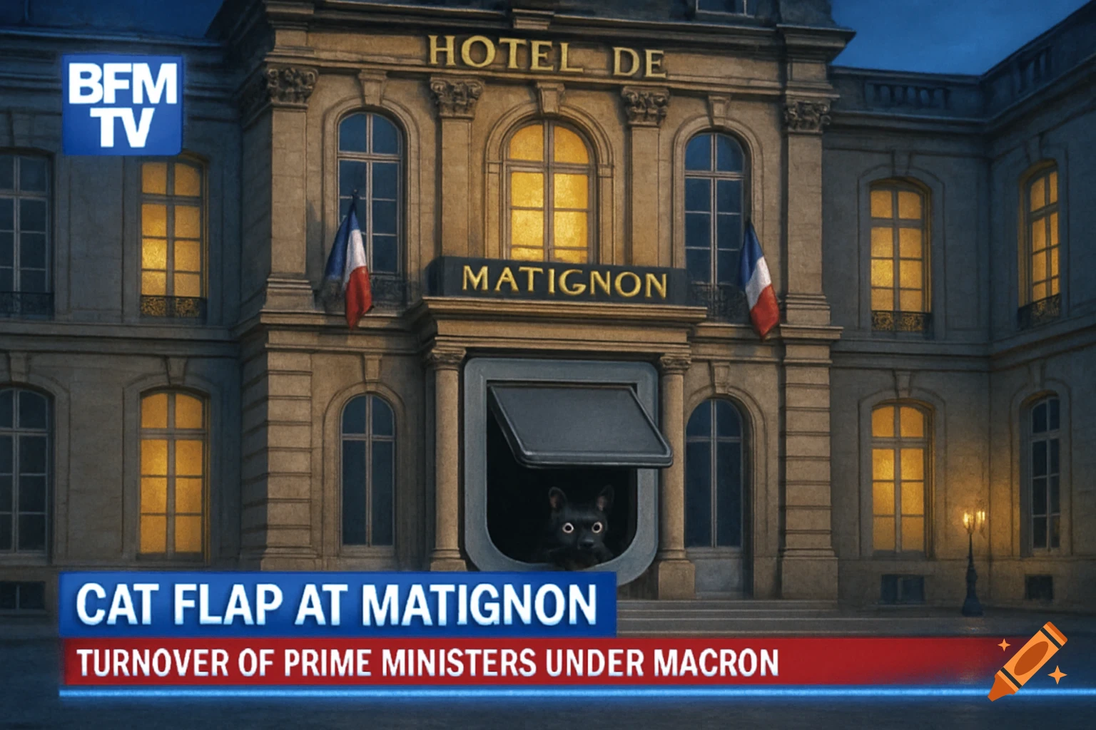 A black cat peeks out of a large cat flap installed in the entrance of the Matignon building, with French flags and a BFM TV news overlay reading "CAT FLAP AT MATIGNON" and "TURNOVER OF PRIME MINISTERS UNDER MACRON".