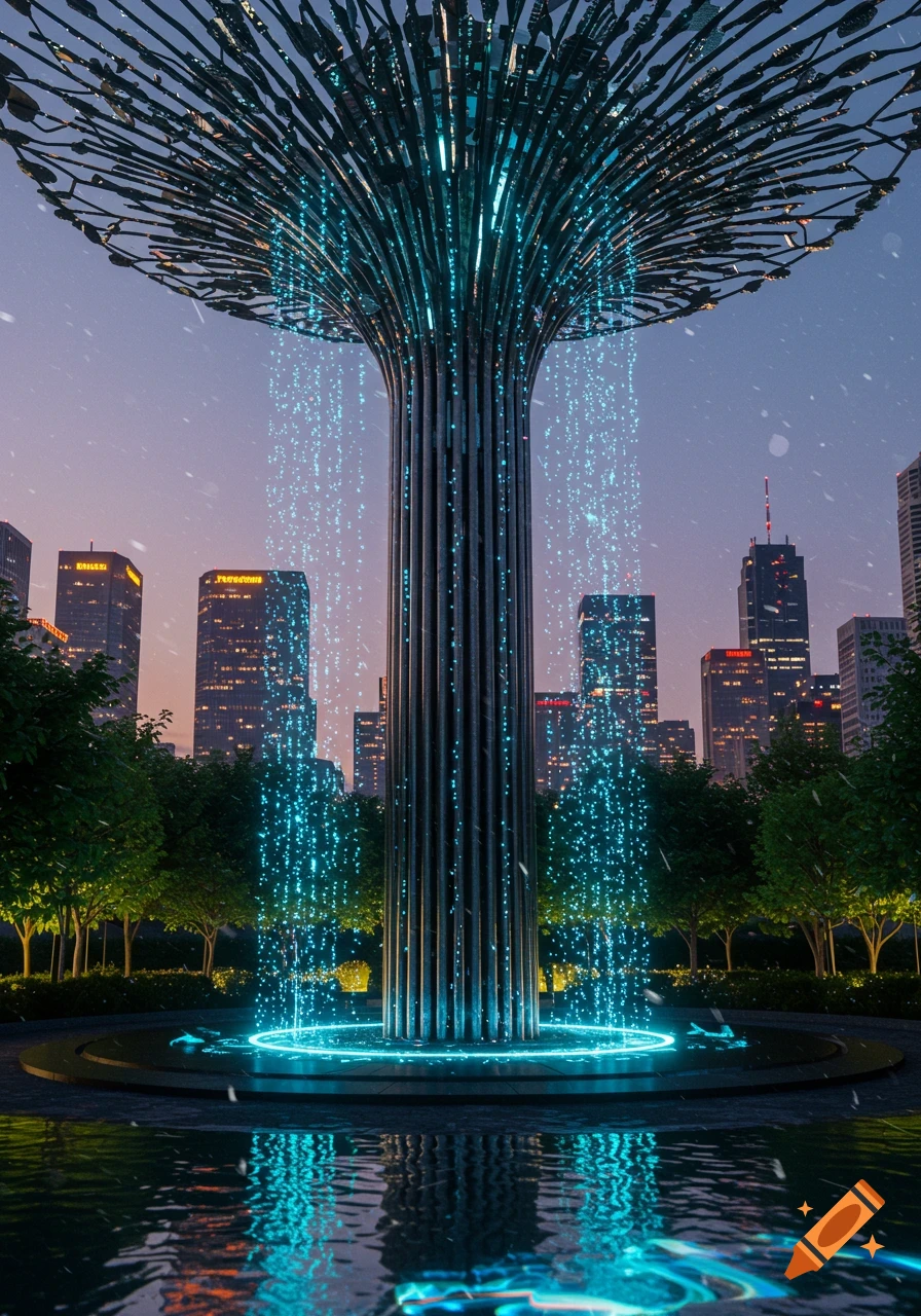 A glowing, futuristic tree-like fountain made of steel in a park, with a city skyline at dusk reflected in water.