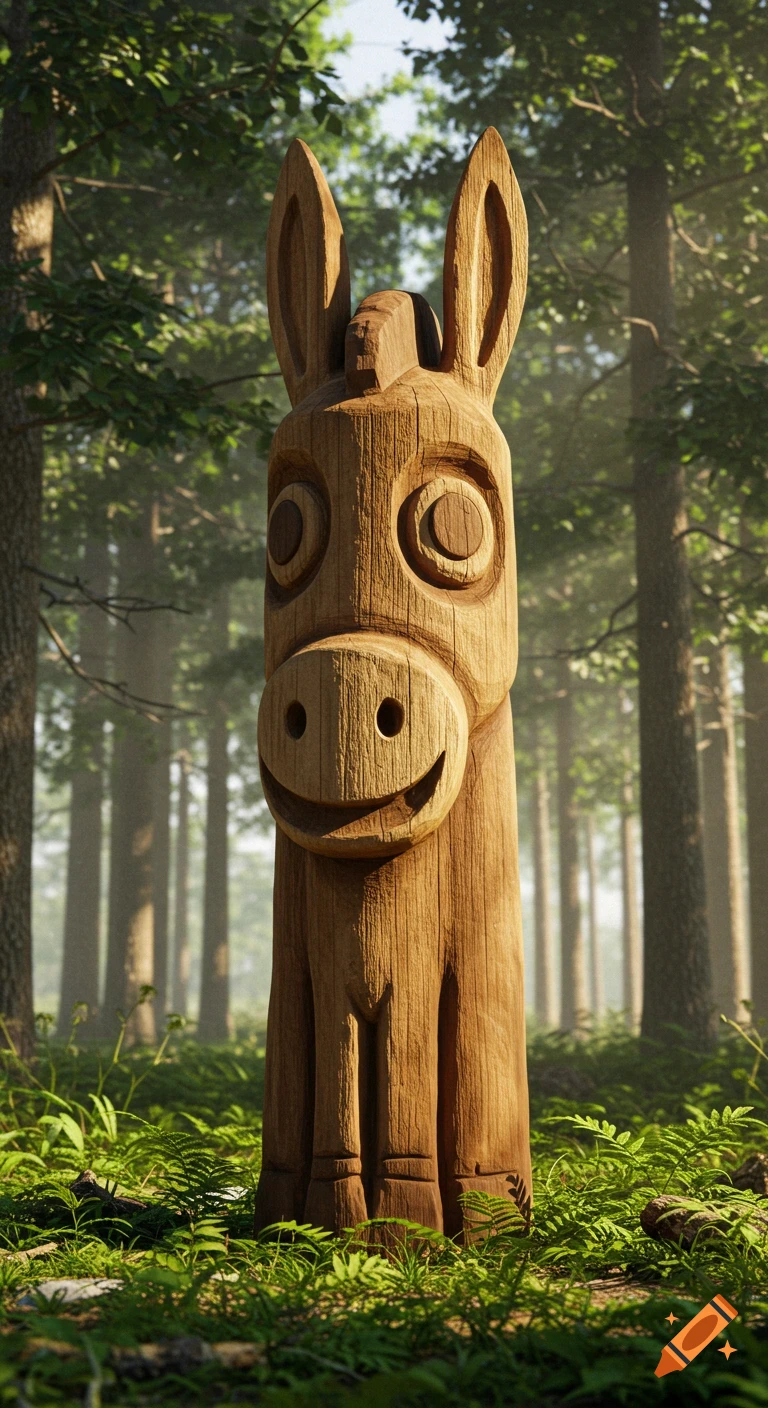 A vertical wooden totem of a primitive donkey stands in a sunlit forest among green plants.