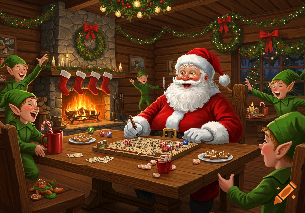 Santa Claus and elves play bingo in a festive, cozy log cabin decorated for Christmas.