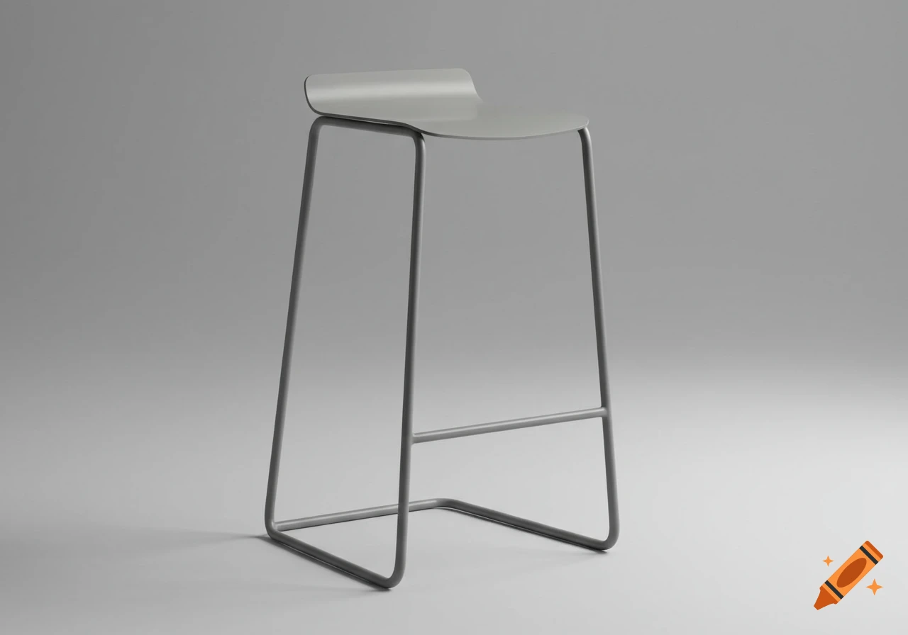 A modern, minimalist grey bar stool with a curved seat and tubular metal frame, against a plain grey background.