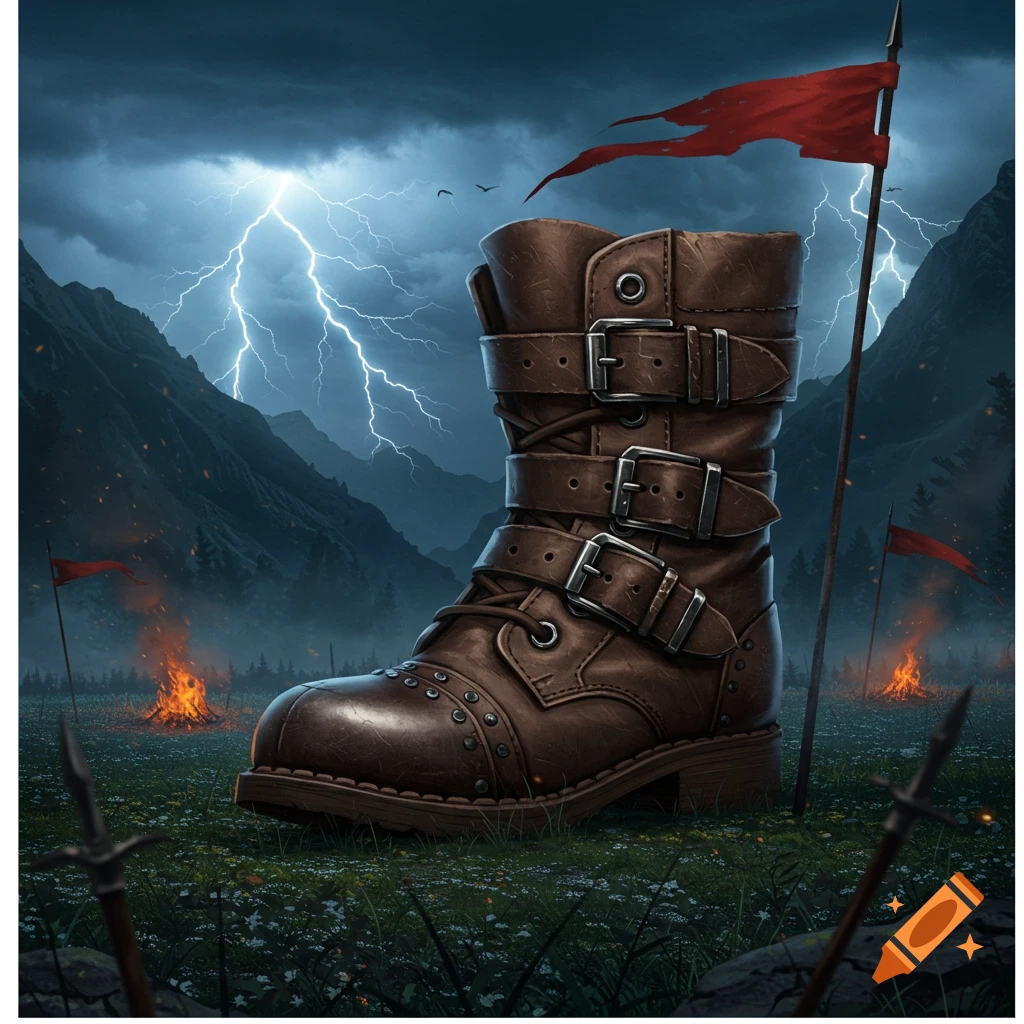 A large brown leather boot with buckles stands in a stormy field with lightning, red flags, and fires, in a fantasy illustration style.