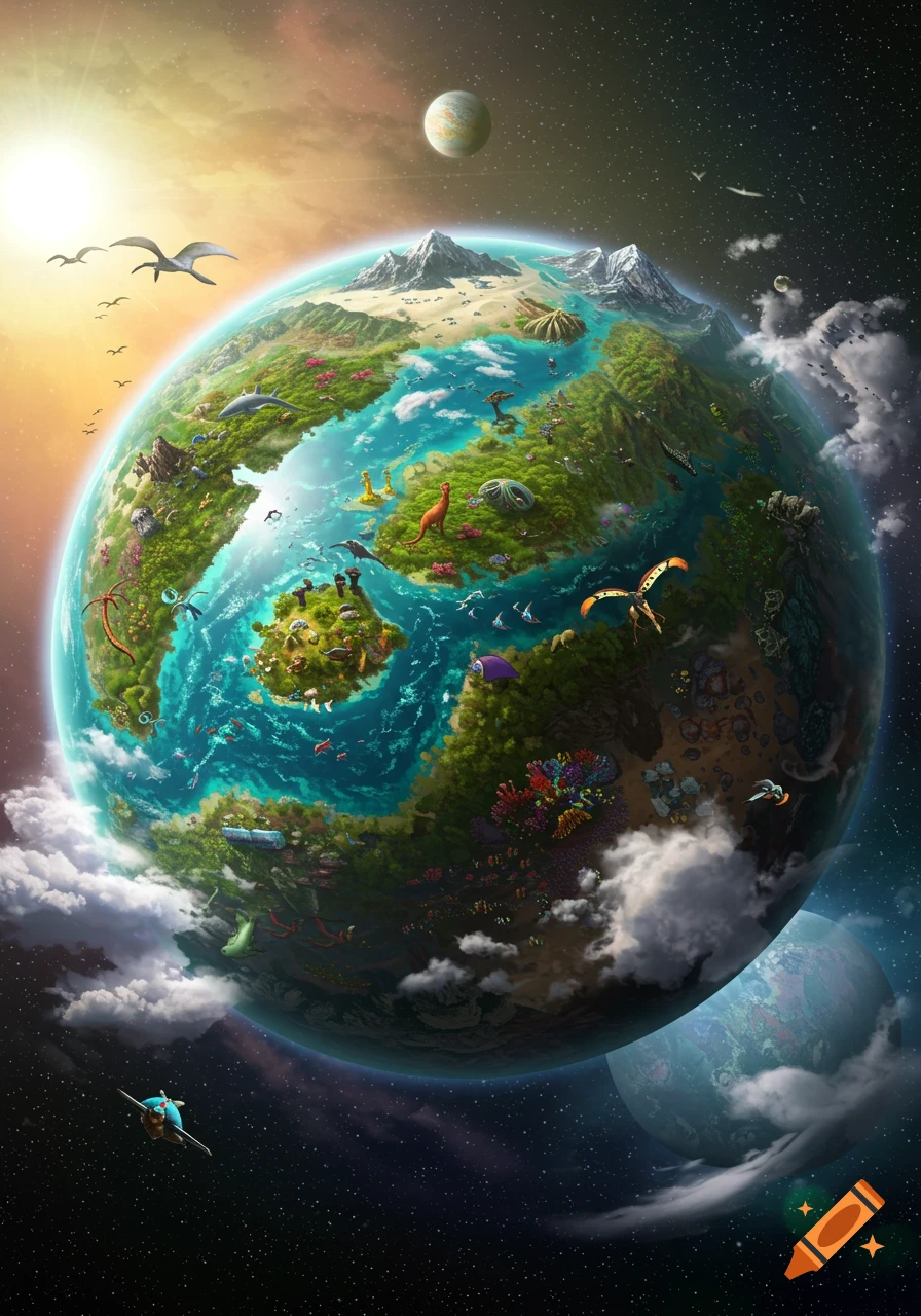 A vibrant fantasy planet in space with lush landscapes, oceans, mountains, dinosaurs, flying creatures, and spaceships, under a bright sun.