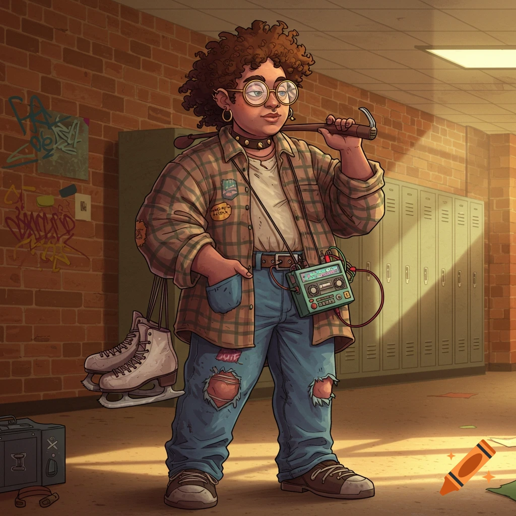 A cartoon character with curly hair, glasses, 80s plaid shirt and ripped jeans, holding a hammer and ice skates in a school hallway.