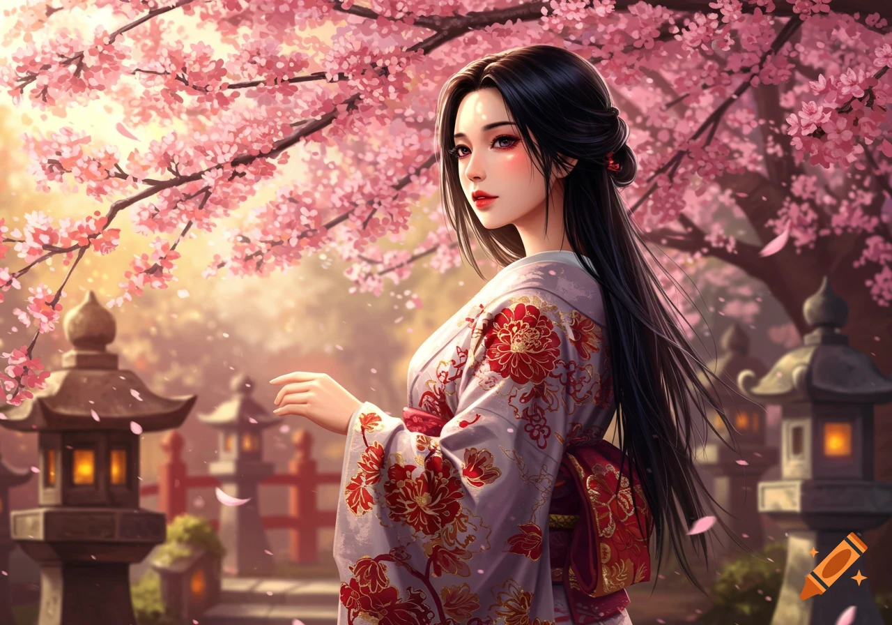 A beautiful Japanese woman in a patterned kimono stands in a glowing cherry blossom garden with traditional lanterns, digital art.