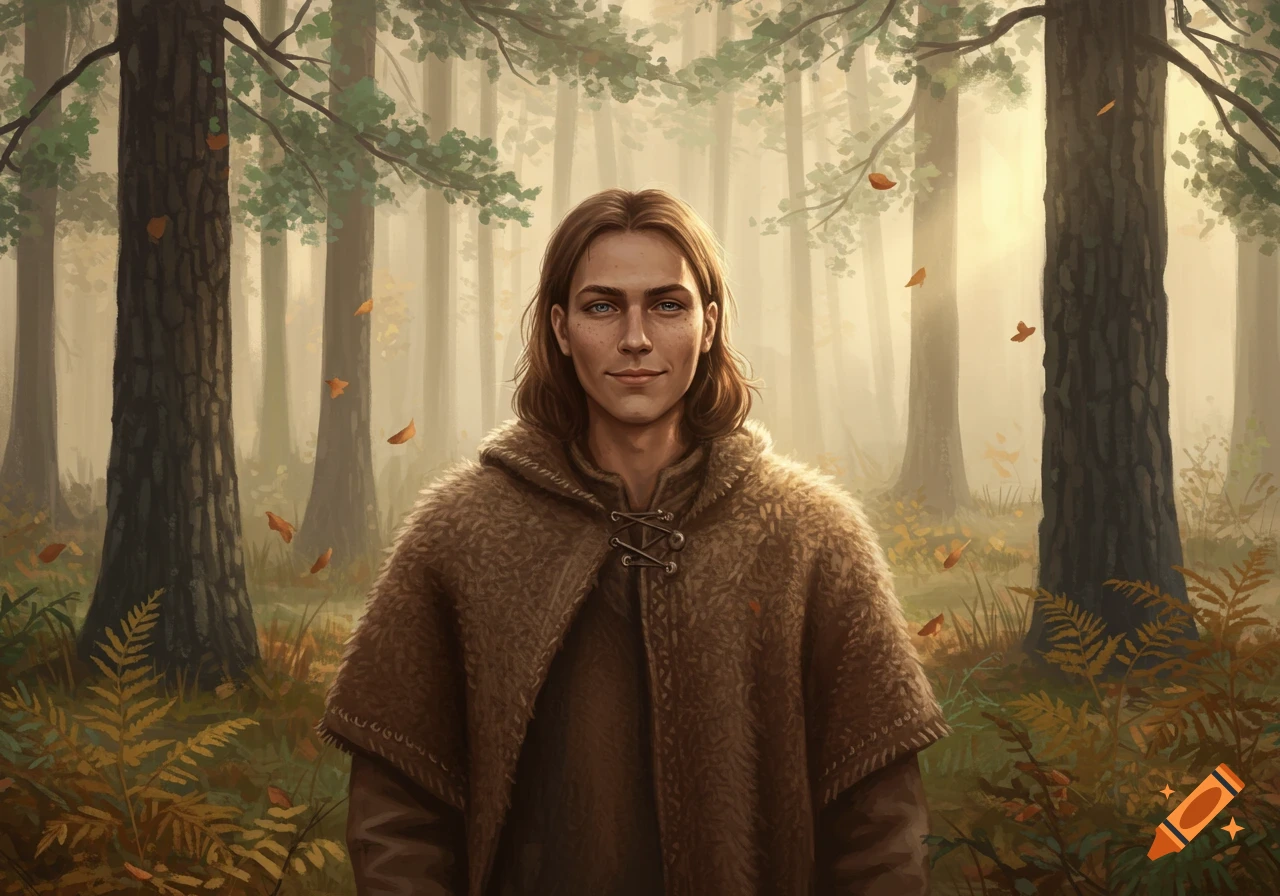 A long-haired person with blue eyes and a fur-trimmed cloak stands smiling in a misty forest with autumn leaves.
