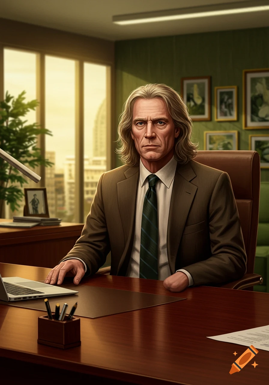 A man with long, wavy blond hair in a brown suit and green striped tie sits at a wooden desk in an office with large windows.