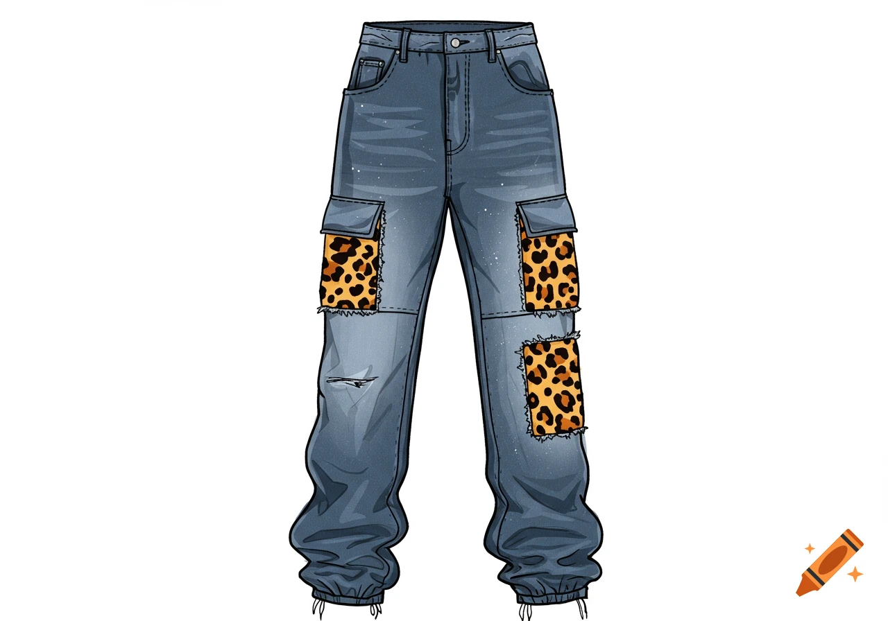 Illustration of oversized streetwear jeans with leopard print patches and a distressed look.