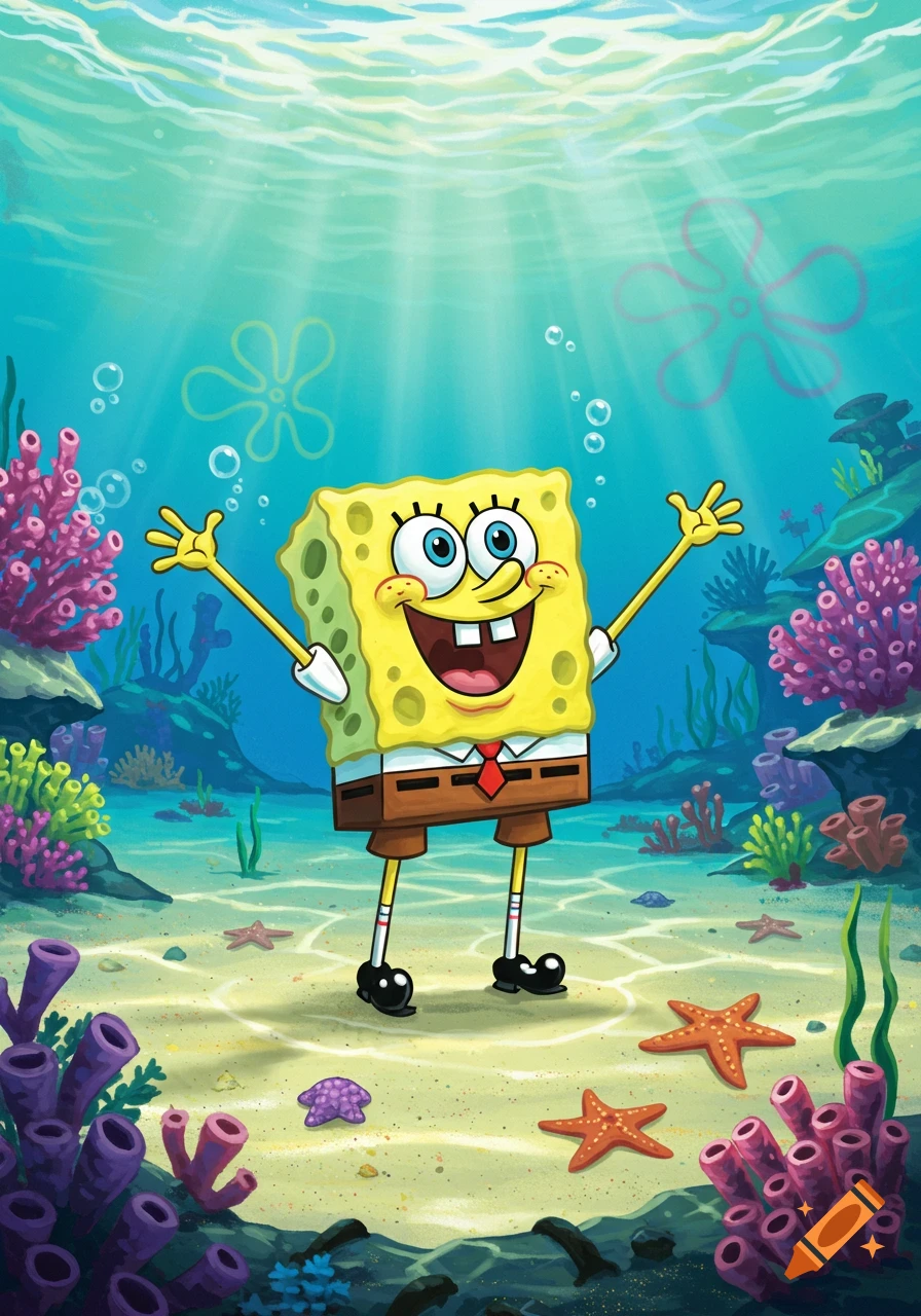 Spongebob Squarepants stands on the sandy ocean floor, smiling with arms outstretched, surrounded by colorful coral and starfish.