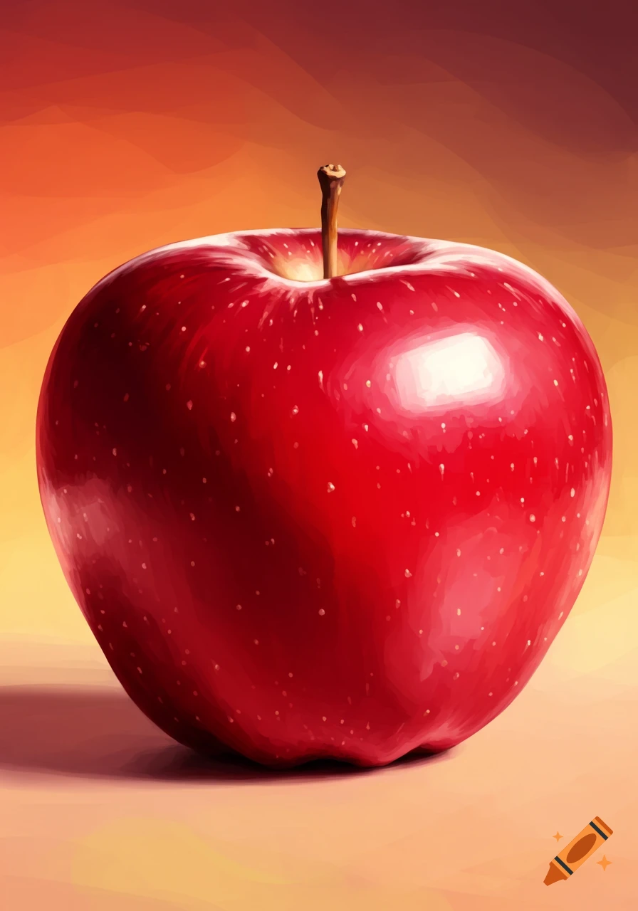 A vibrant red apple with a brown stem, rendered in a painterly style with rich, non-realistic shading, against an orange and yellow gradient background.